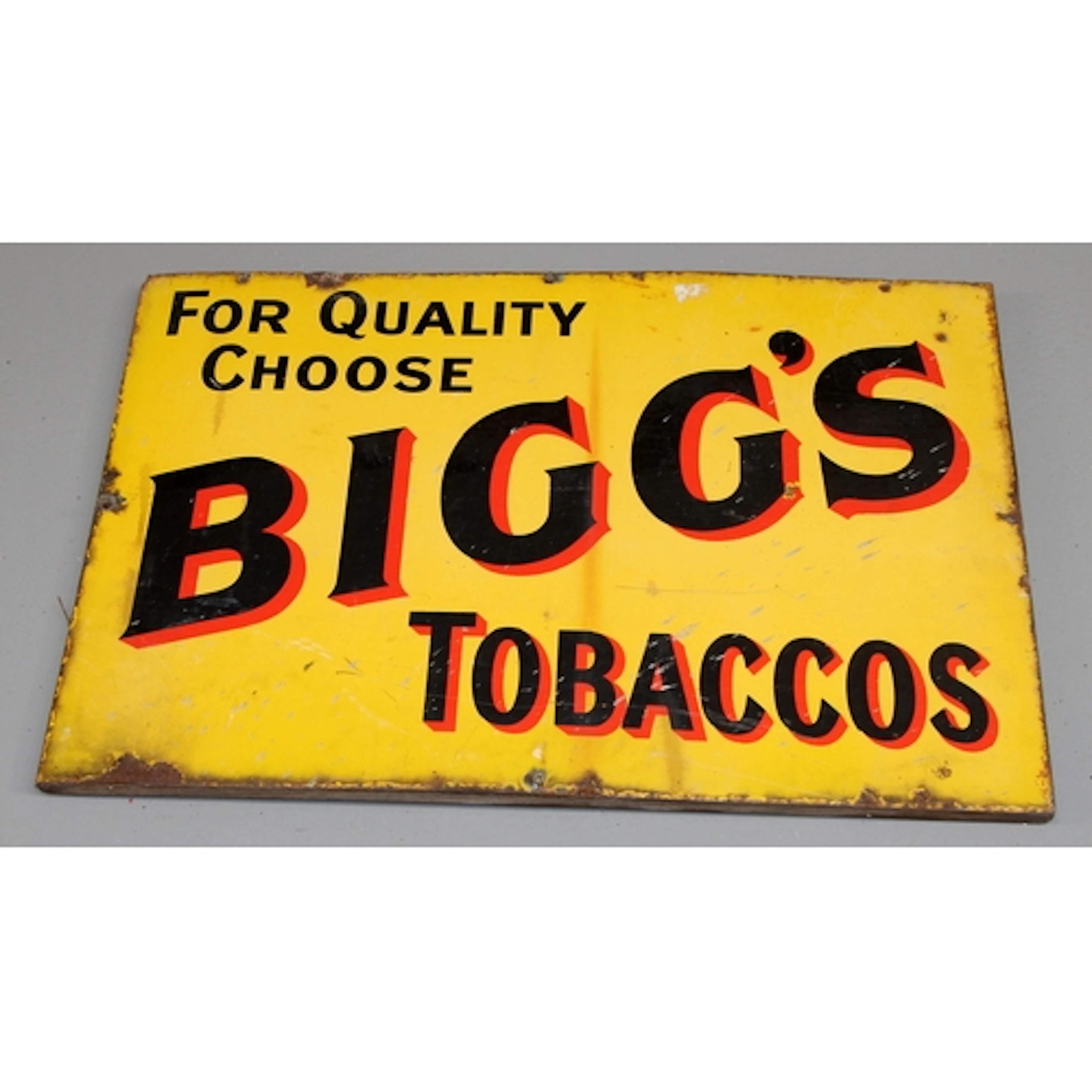 Vintage enamel sign: For Quality Choose Bigg's Tobaccos. sin...