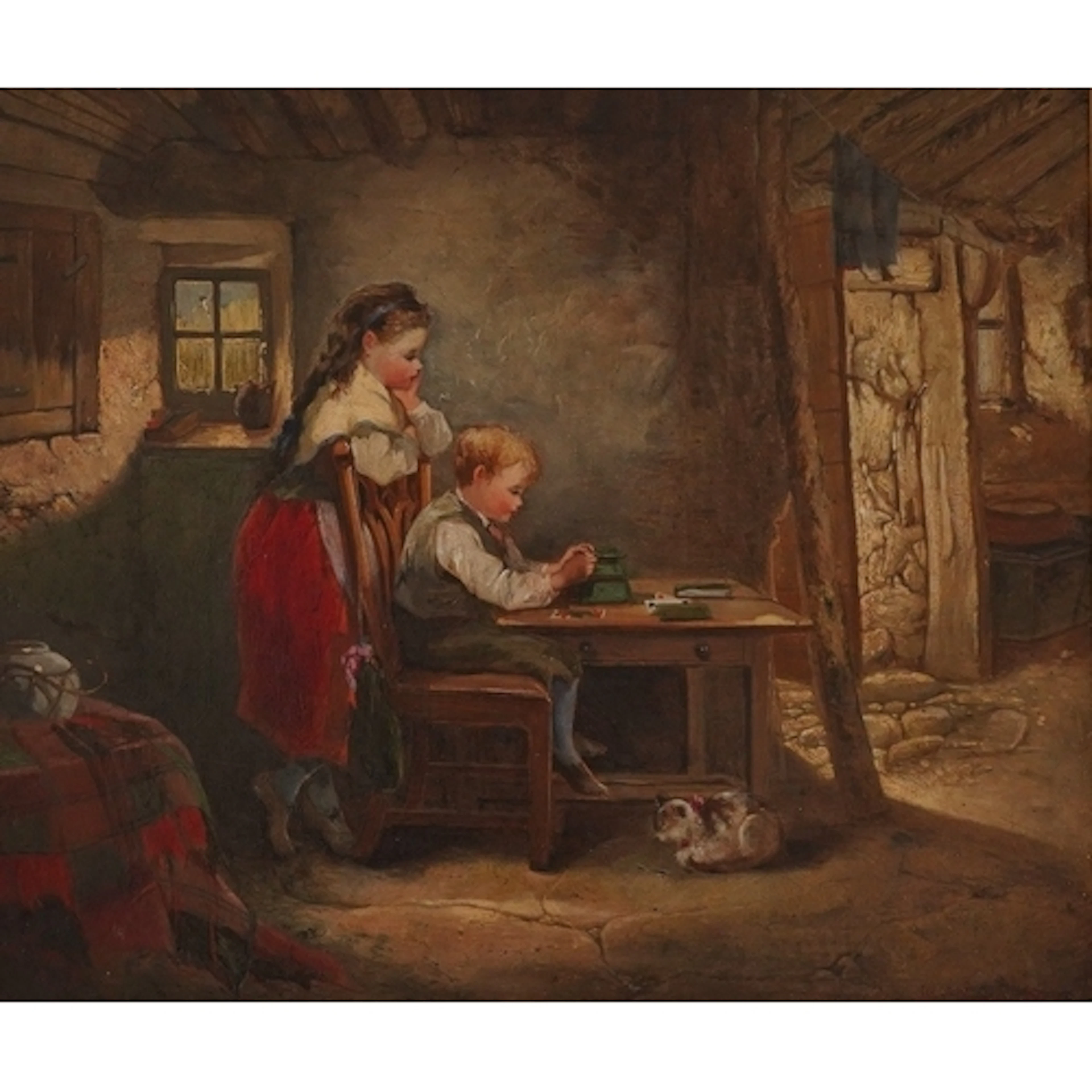 Victorian school, Interior scene with children, indistinctly...