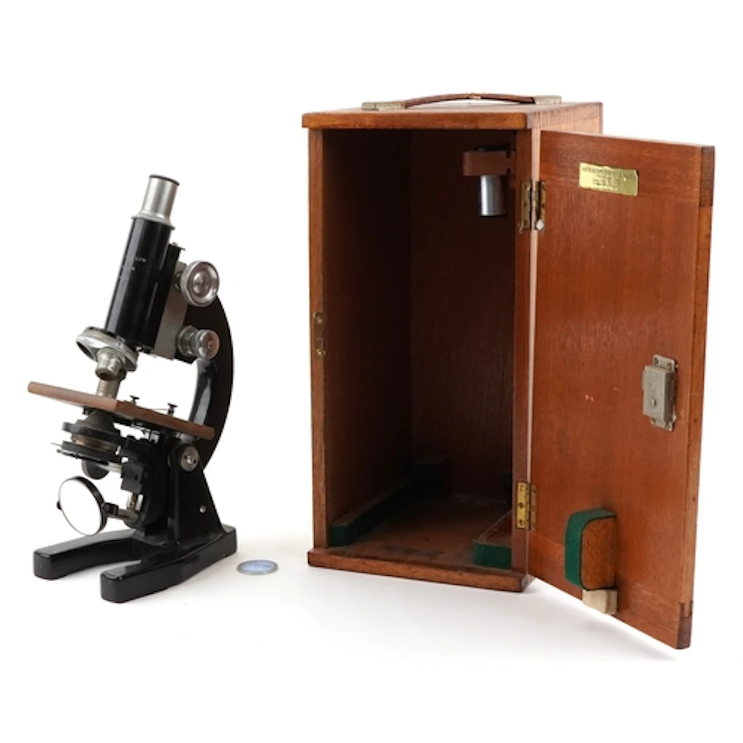 J Swift & Son, vintage black enamel microscope with fitted c...