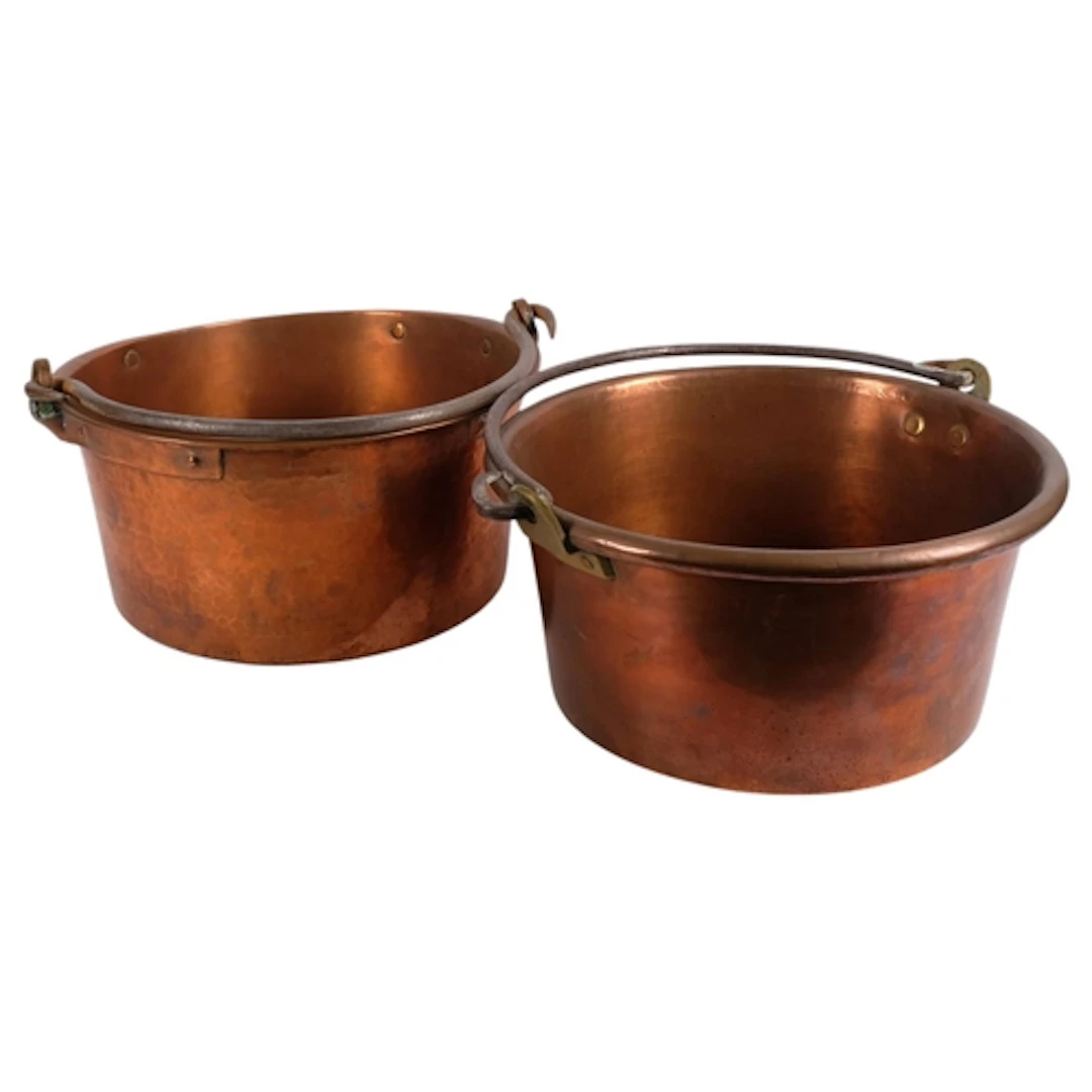 2 Antique copper swing-handled jam pans, largest diameter ap...