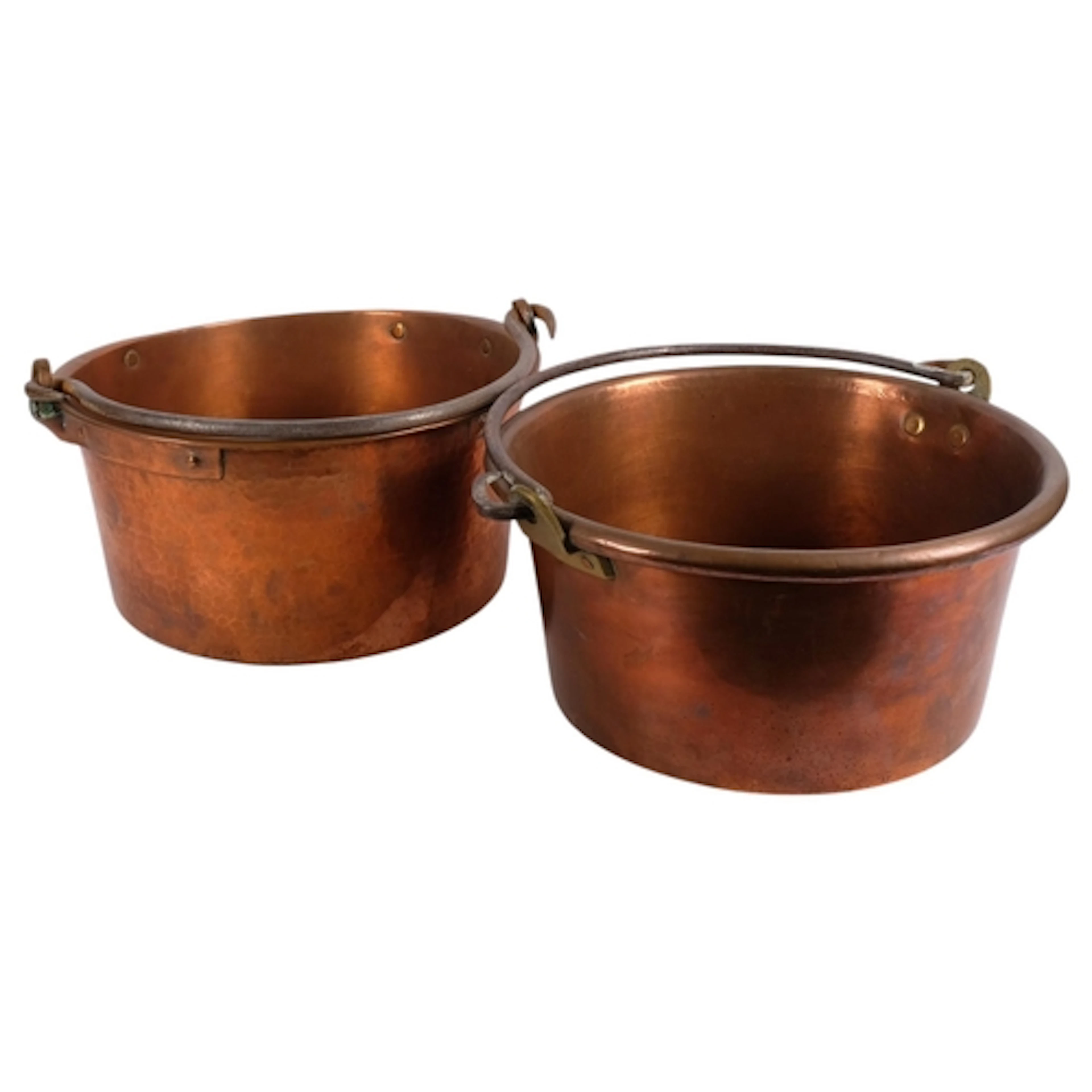 2 Antique copper swing-handled jam pans, largest diameter ap...