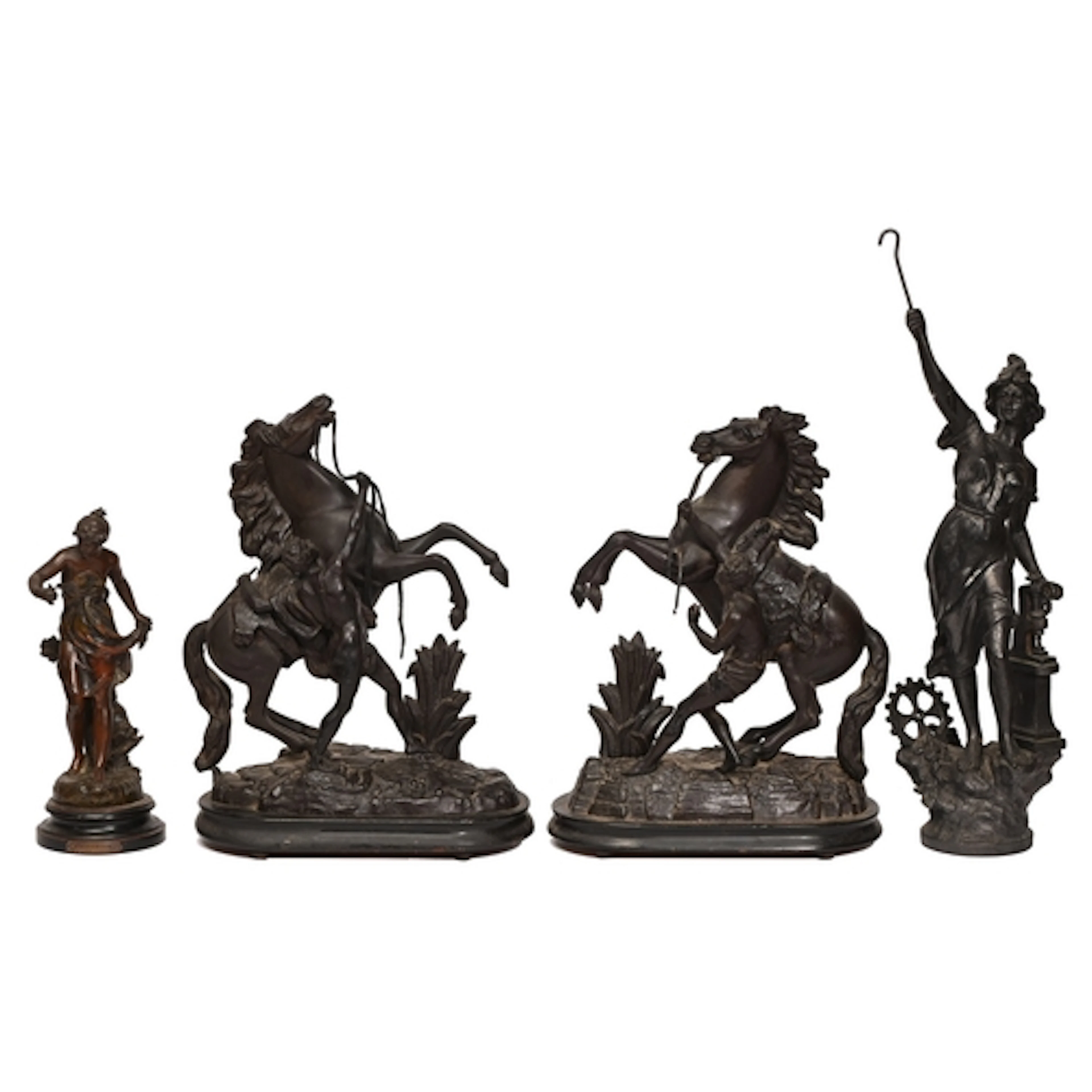 A pair of French spelter sculptures of the Marly horses, ear...