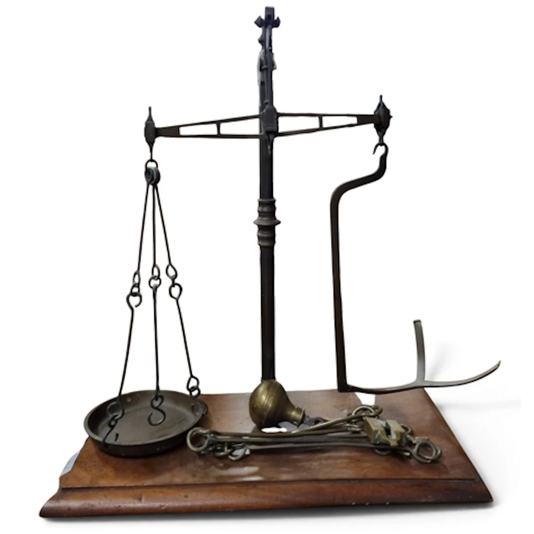 A 19th Century Brass Scales lacking tray. H 53 cm approx.