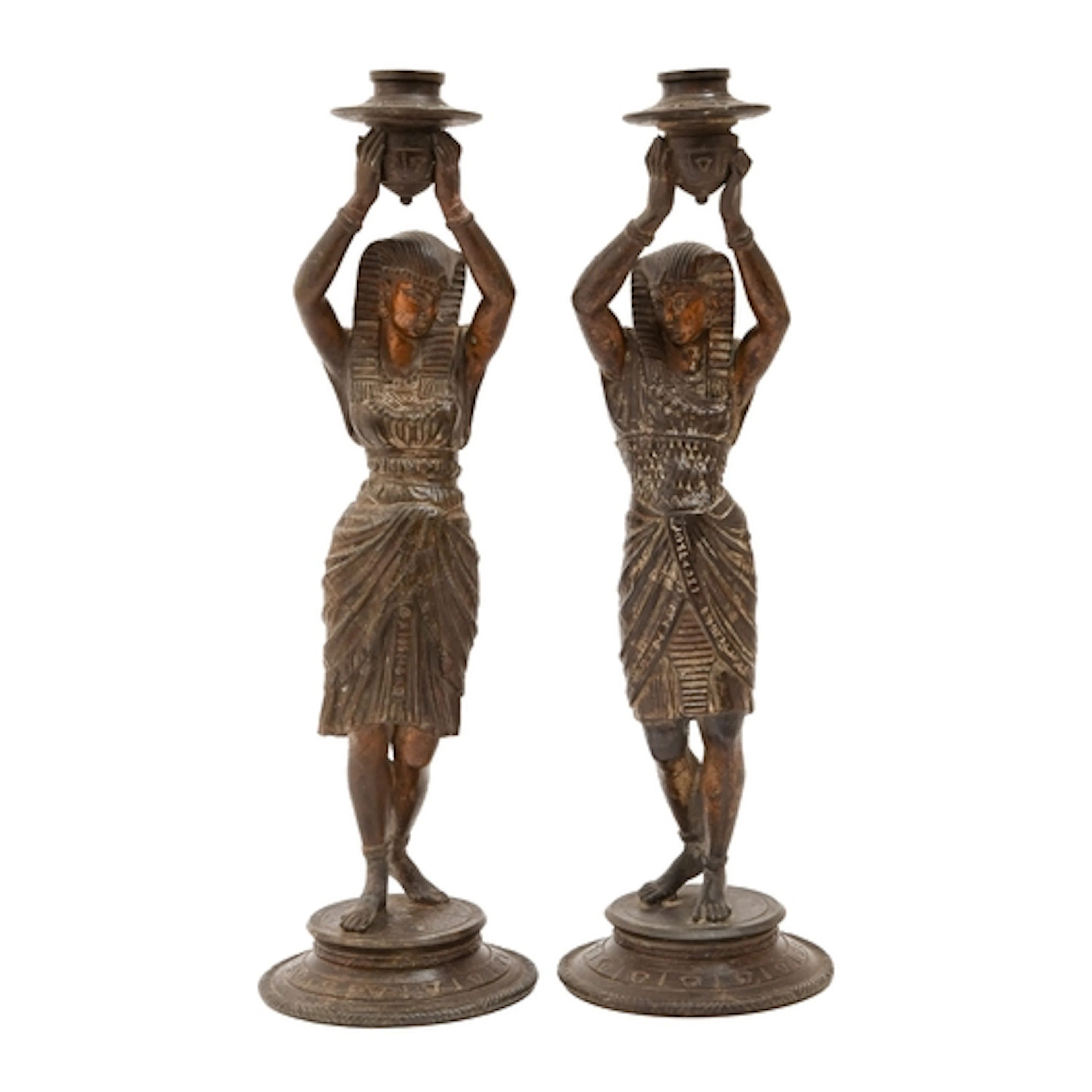 A pair of Egyptian revival bronzed and gilt spelter Ancient ...