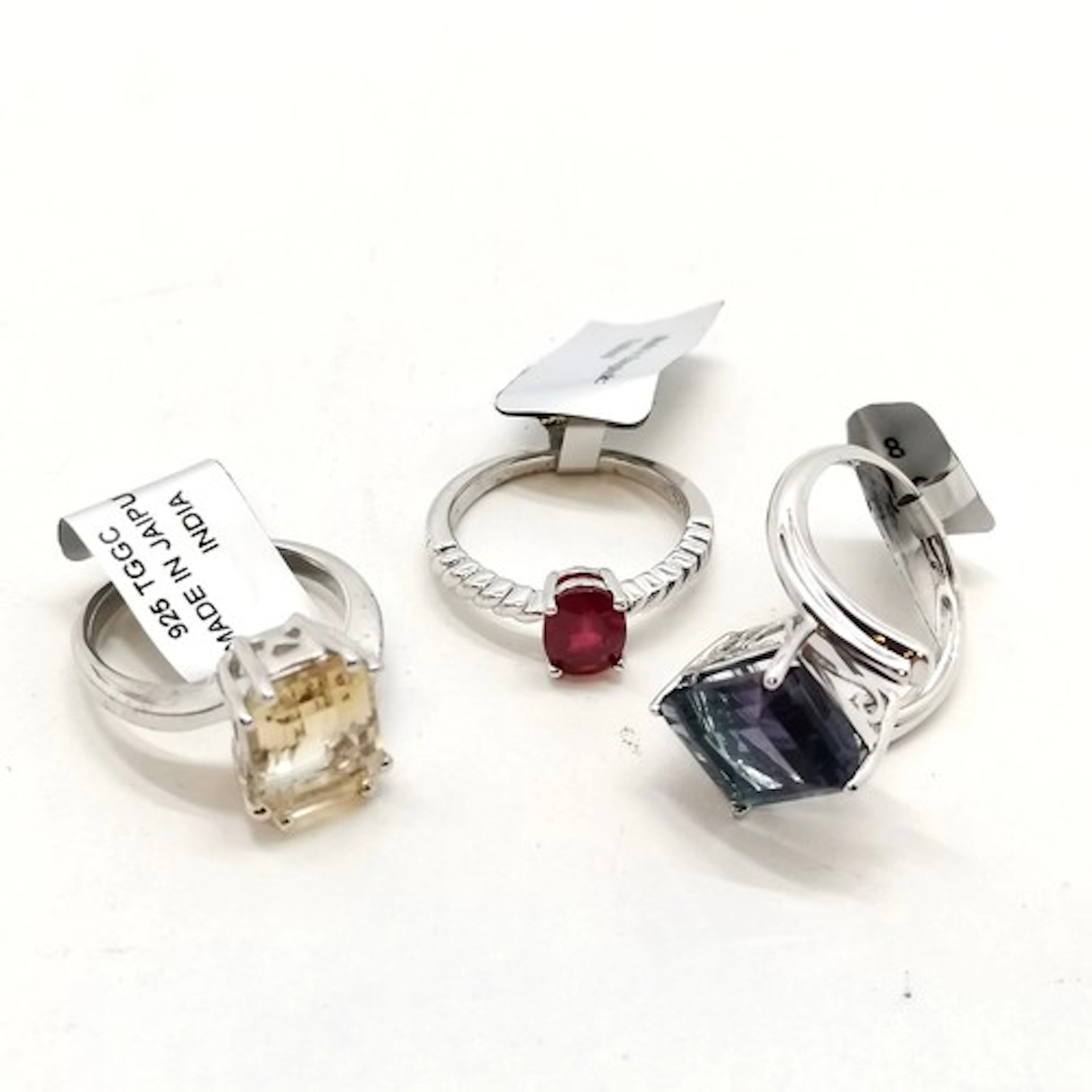 3 x silver gemstone set rings - Madagascan ruby (1.8ct), Bi-...