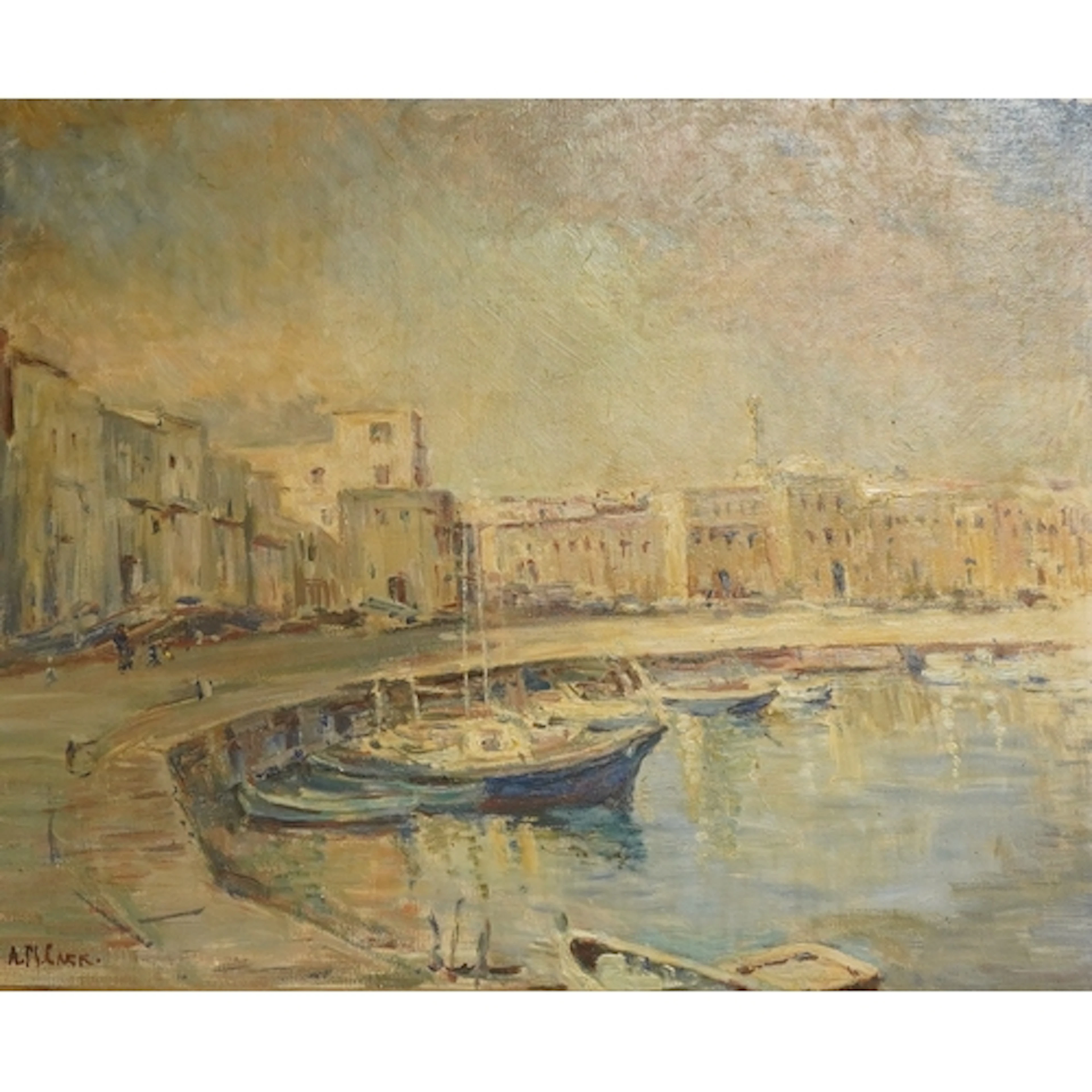 A. M. Carr, 'Harbour, Cyprus', signed, details verso, oil on...