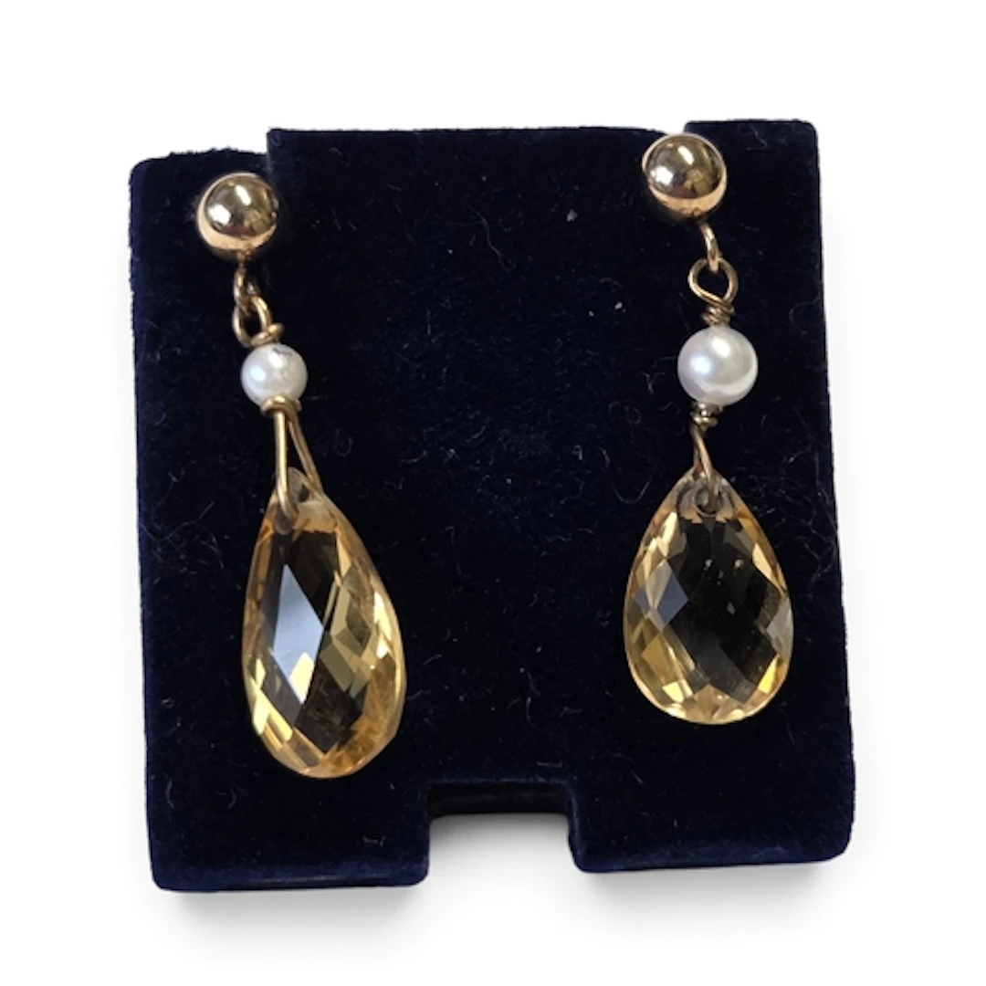 A pair of 9ct Gold, Pearl and Citrine drop Earrings.
