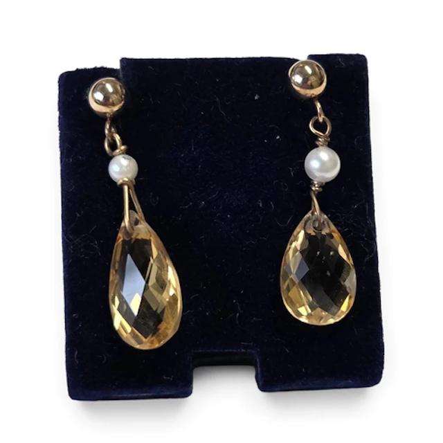A pair of 9ct Gold, Pearl and Citrine drop Earrings.