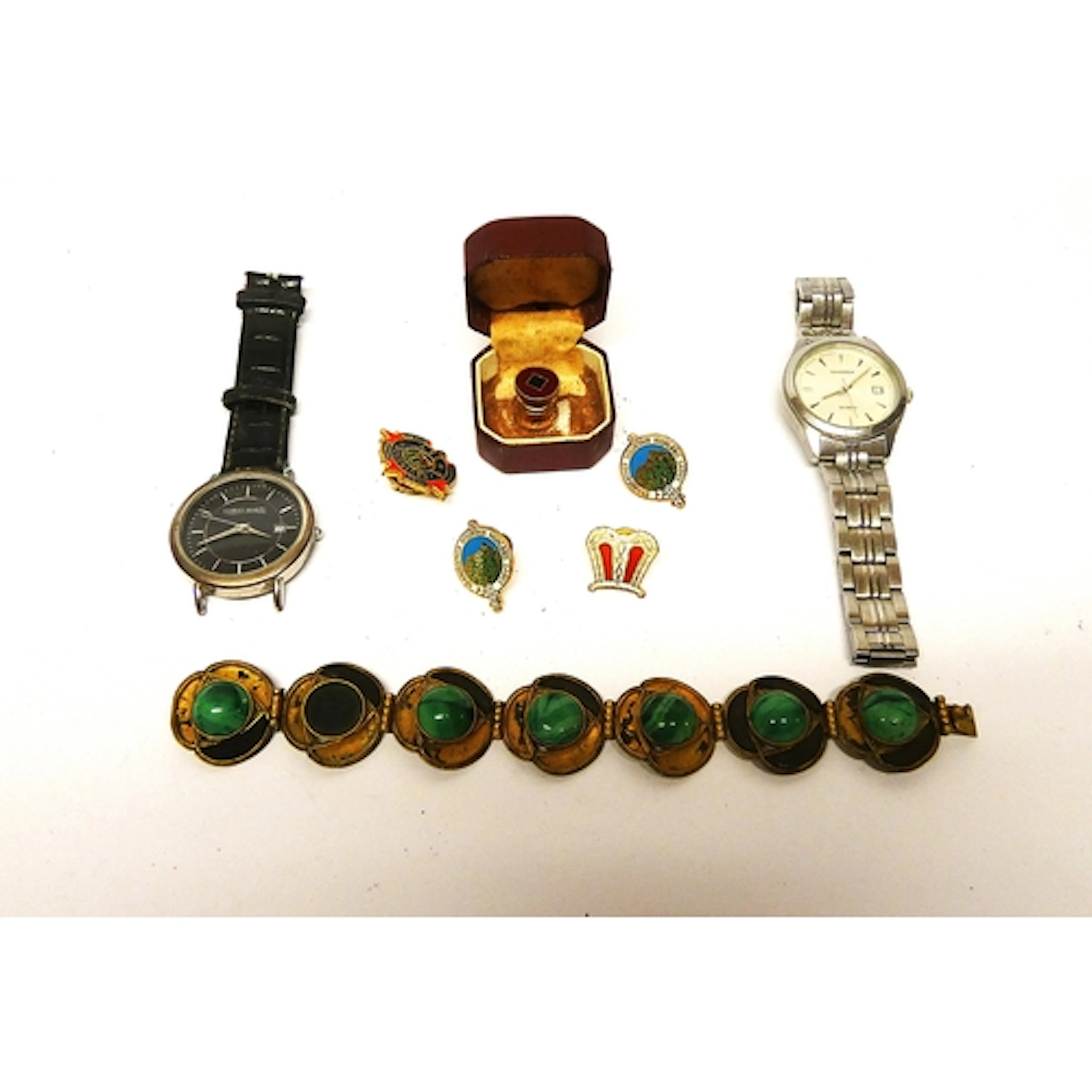Gilt metal bracelet with malachite roundels, with Gents Seko...