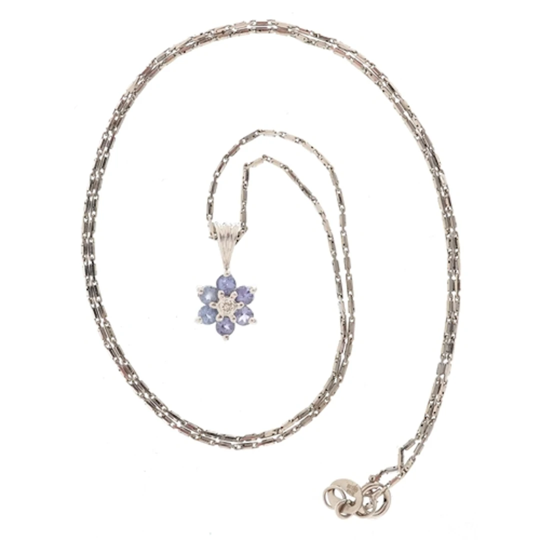 9ct white gold purple stone and diamond flower head pendant ...