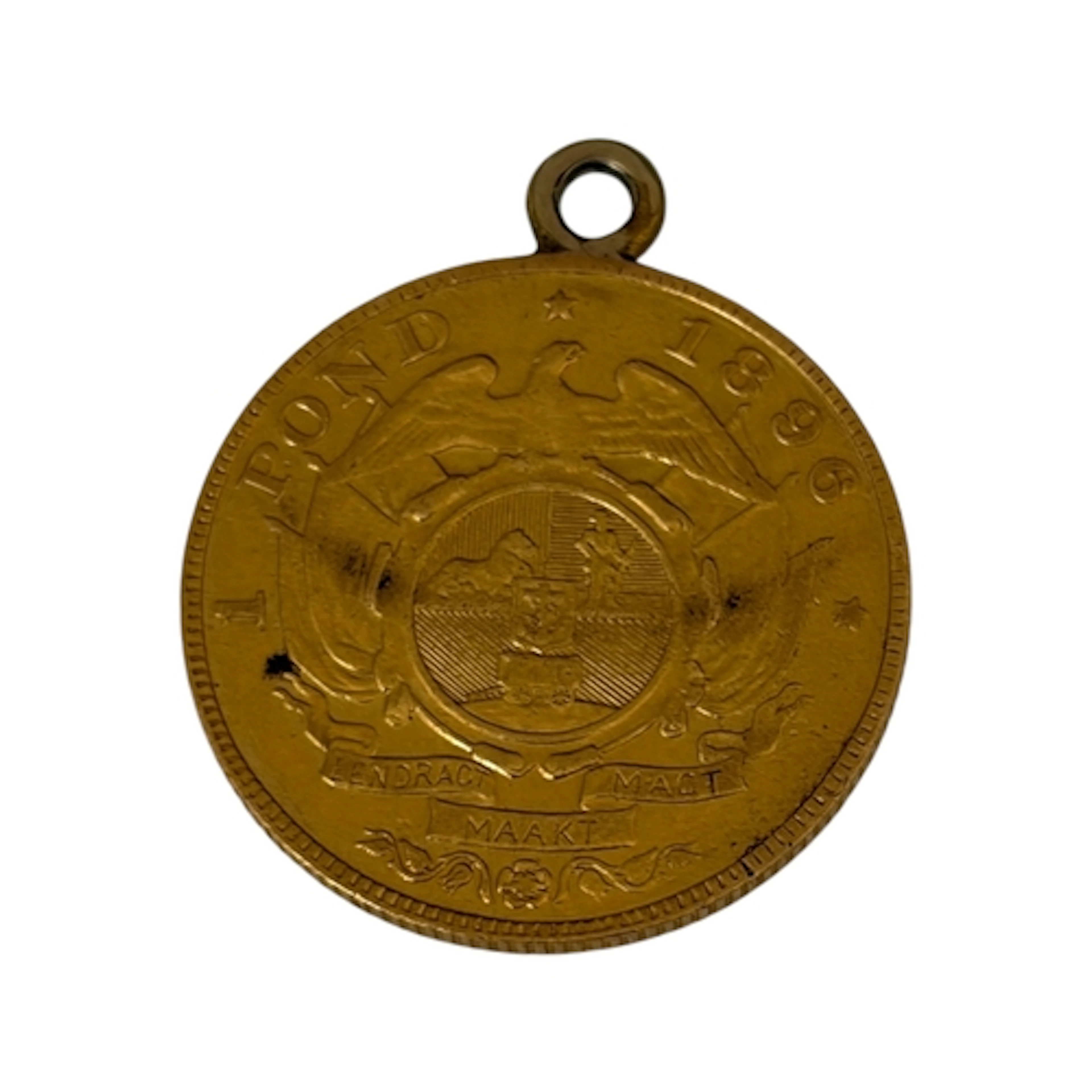 A gold South African 1 pond coin, dated 1896, later mounted ...