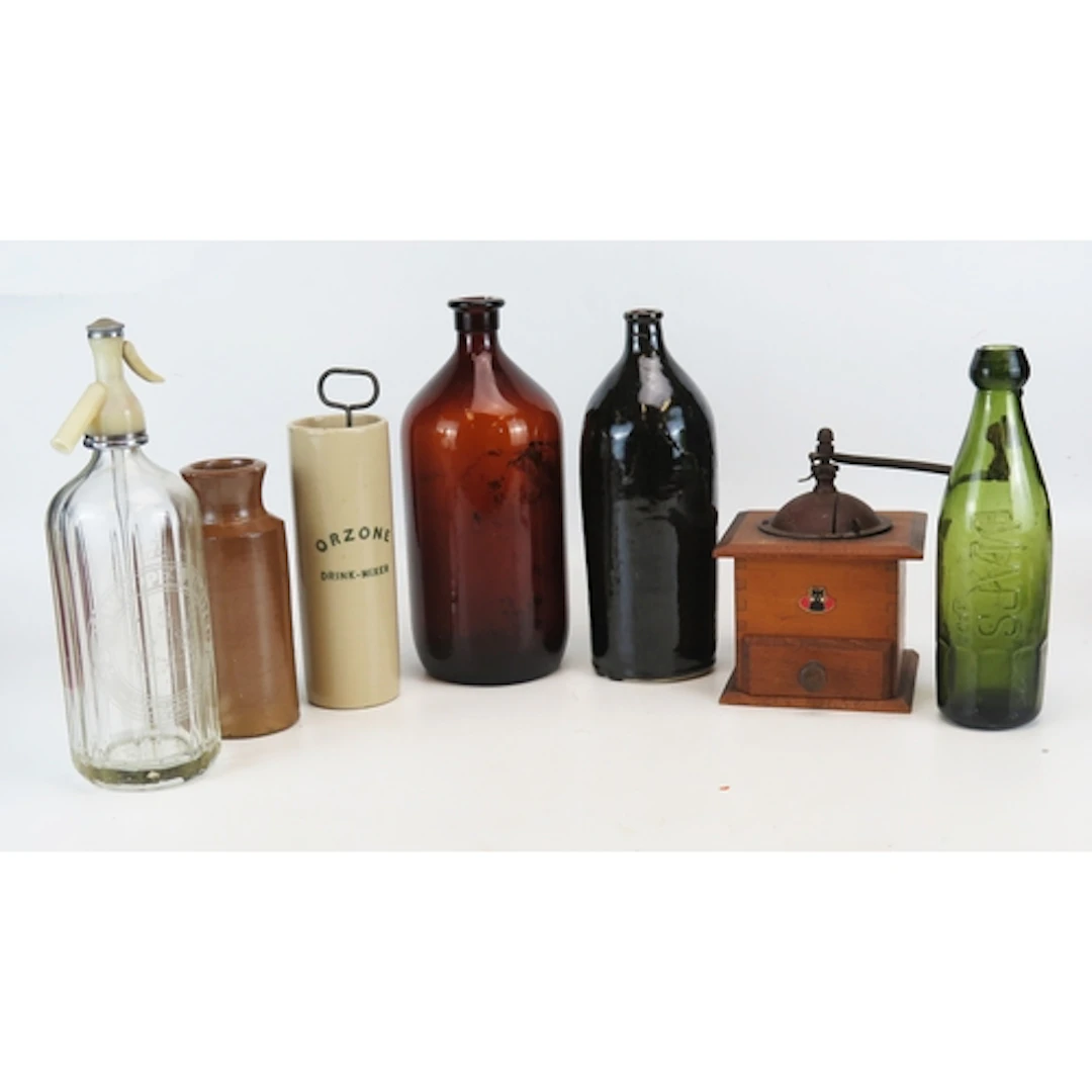 Selection of Early 20th century glass bottles, Orzone drink ...