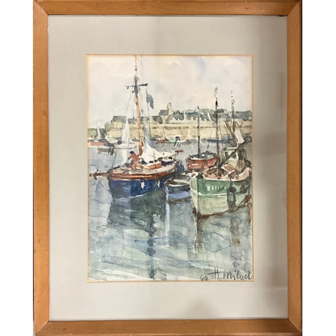 Henri Milock (French 1898-1979) Harbour scene with boats Sig...