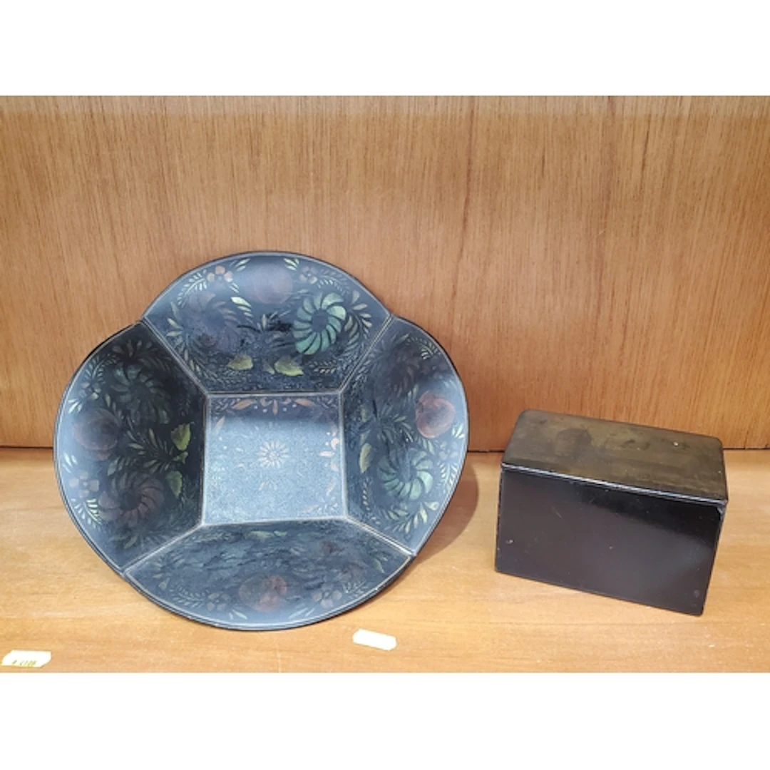 A 19th century papier mache Tea Caddy decorated a building, ...
