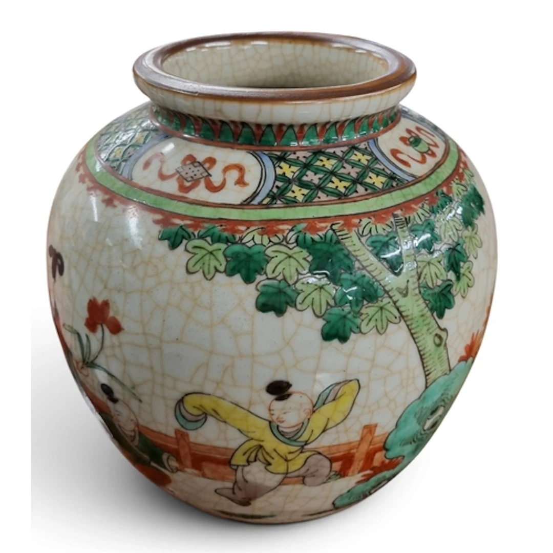 A good early hand painted Oriental Pot of large size depicti...
