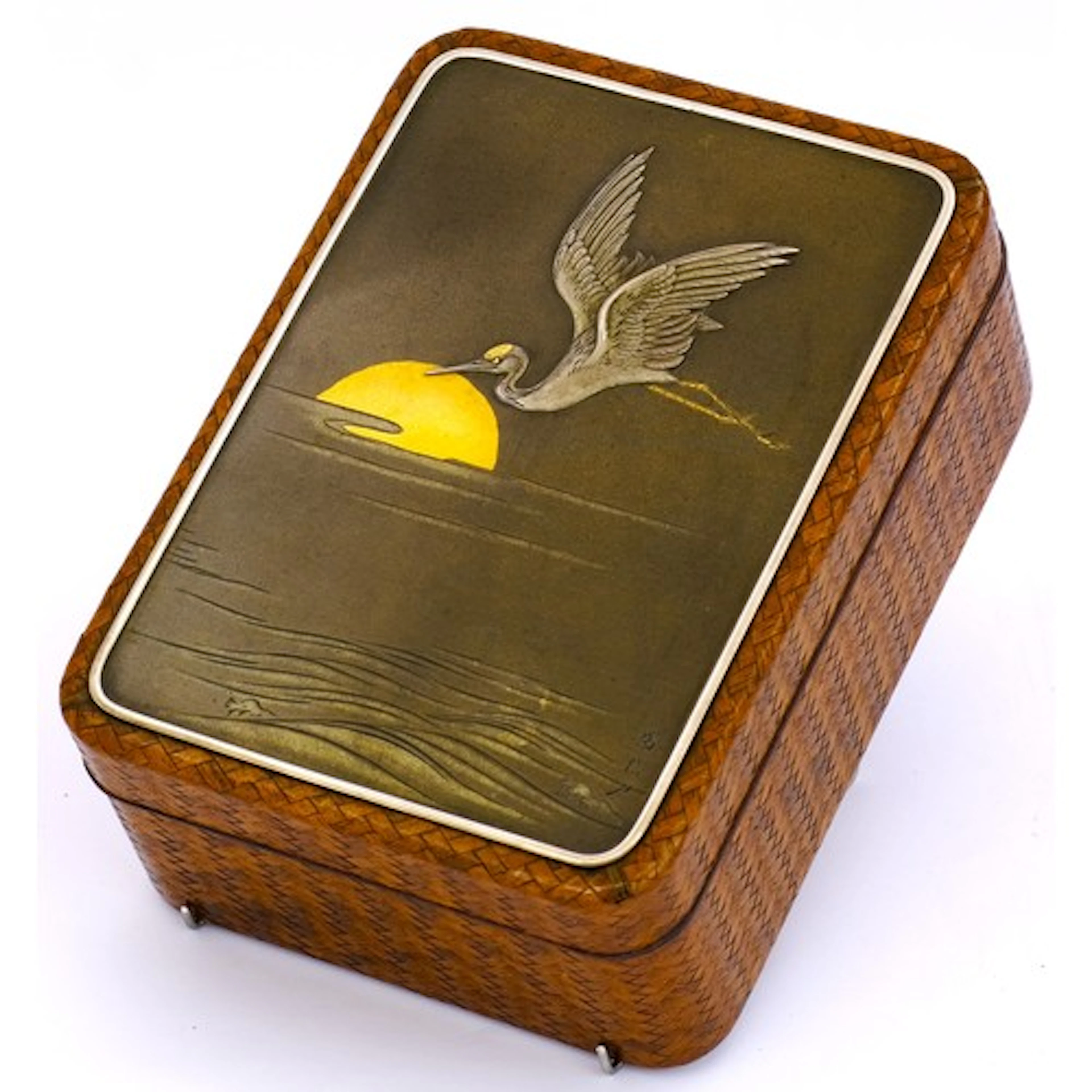 A FINE JAPANESE WOVEN BAMBOO AND SHIBUICHI LIDDED BOX SIGNED...