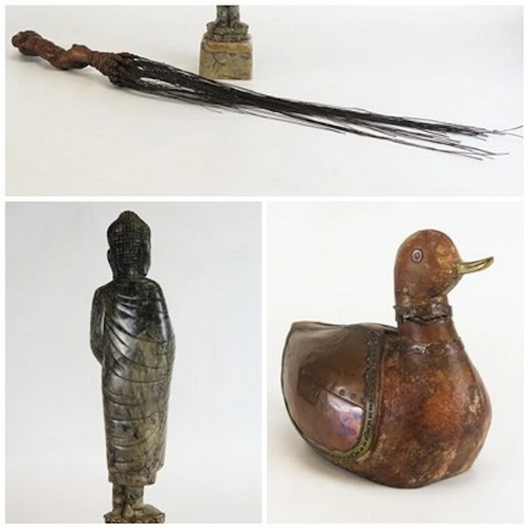 A carved hardstone Buddha figure together with a wooden and ...