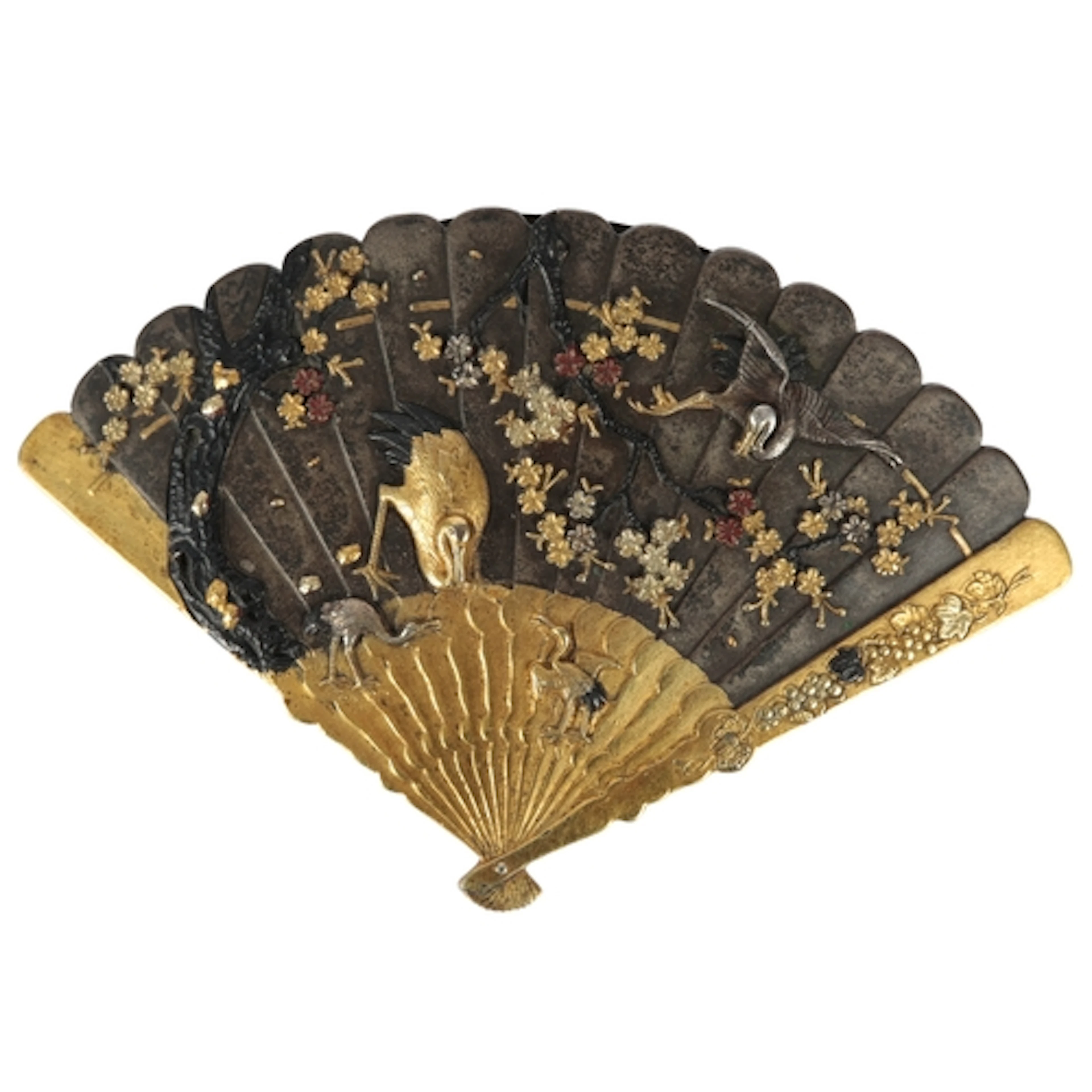 A fine Japanese shakudo and mixed metal 'fan' brooch, signed...