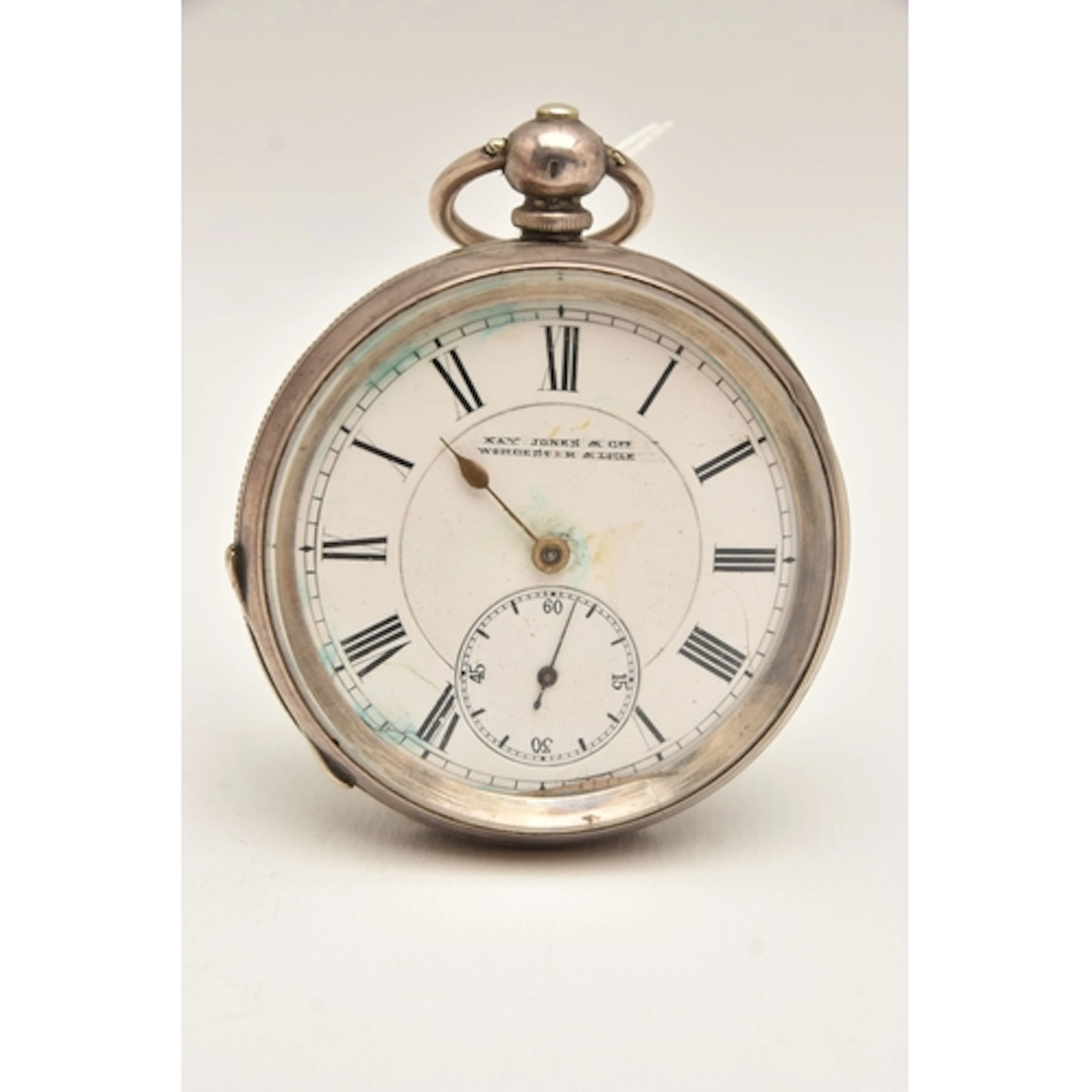 A WHITE METAL OPEN FACE POCKET WATCH, key wound, round white...