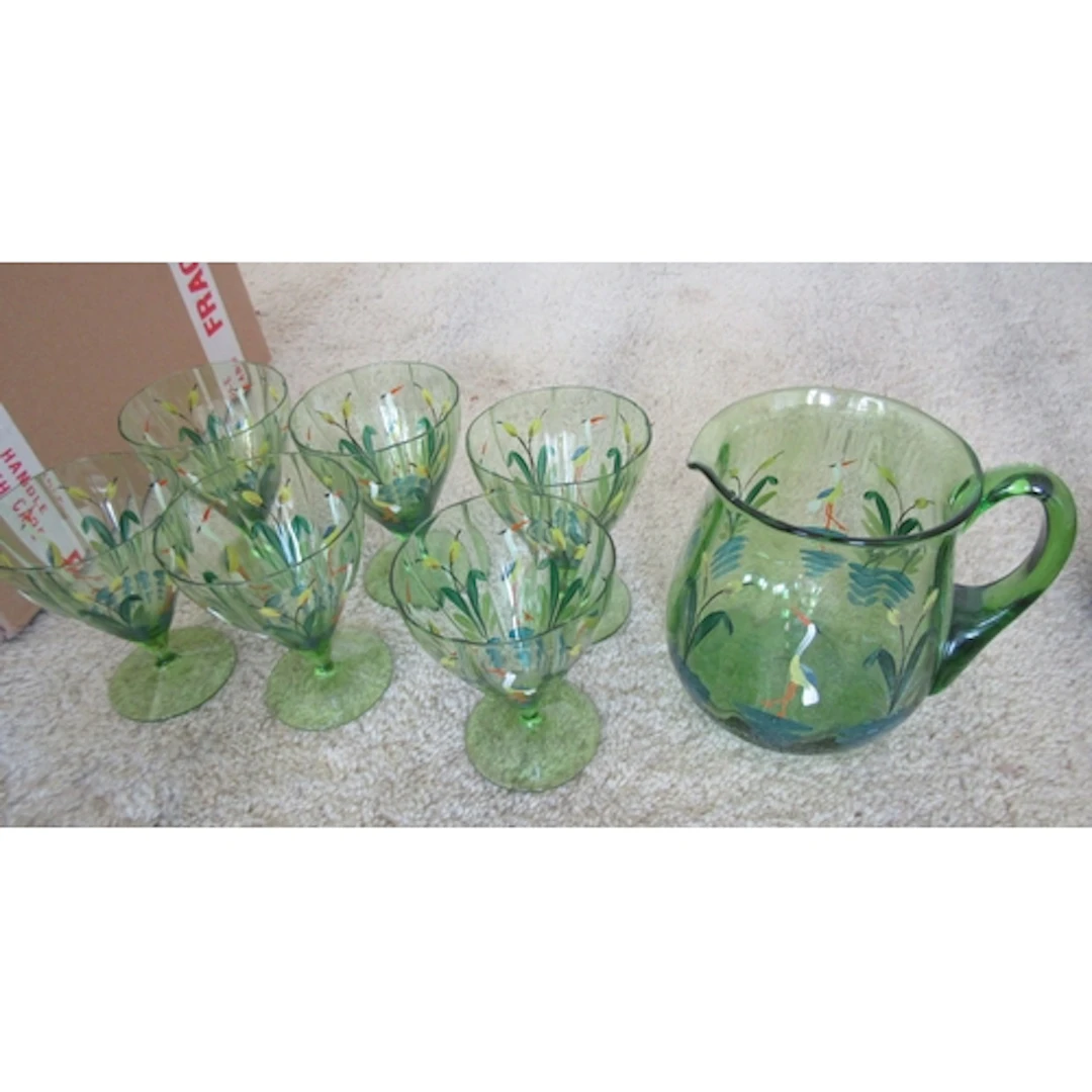 Attractively Painted Emerald Crystal Lemonade Jug with Six M...