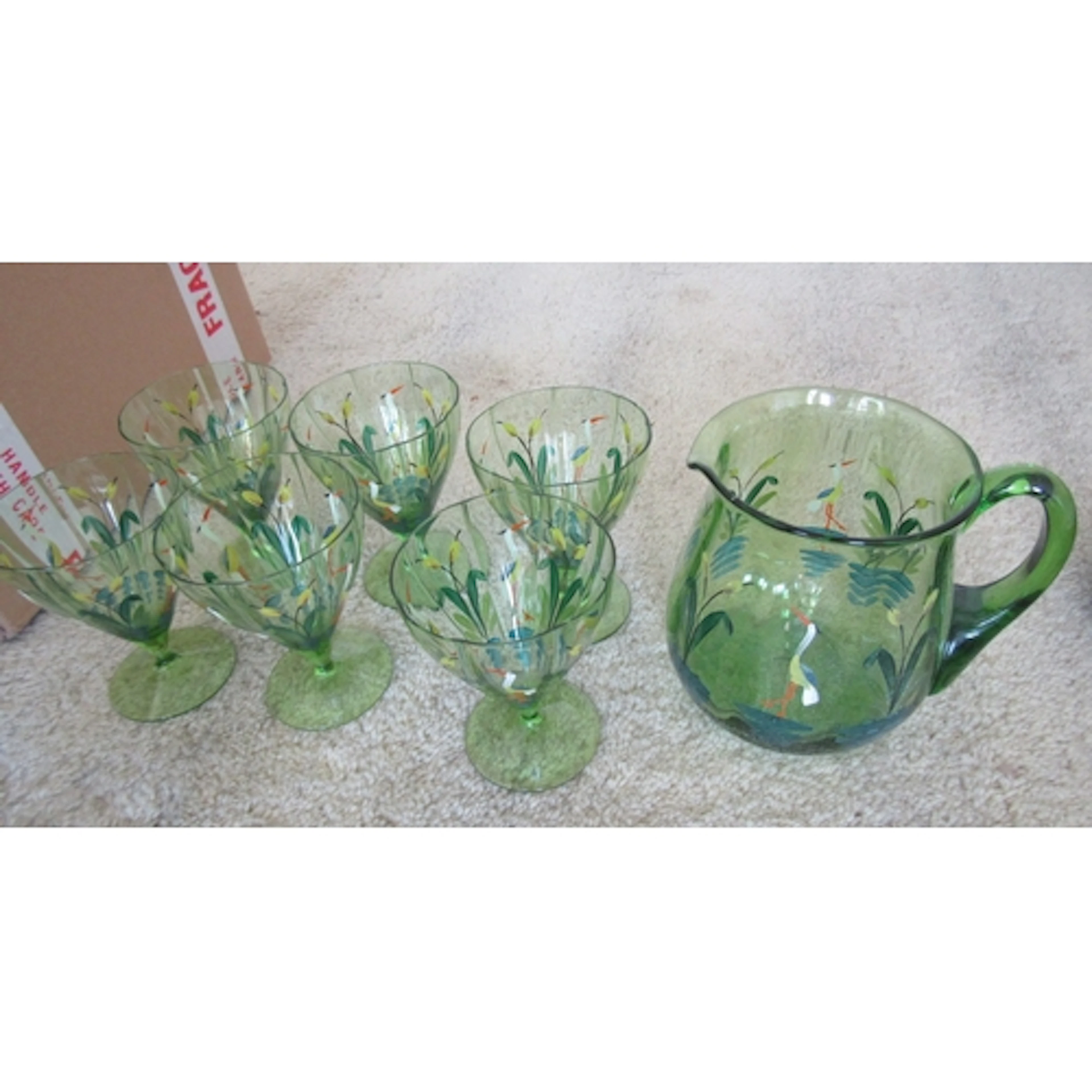 Attractively Painted Emerald Crystal Lemonade Jug with Six M...