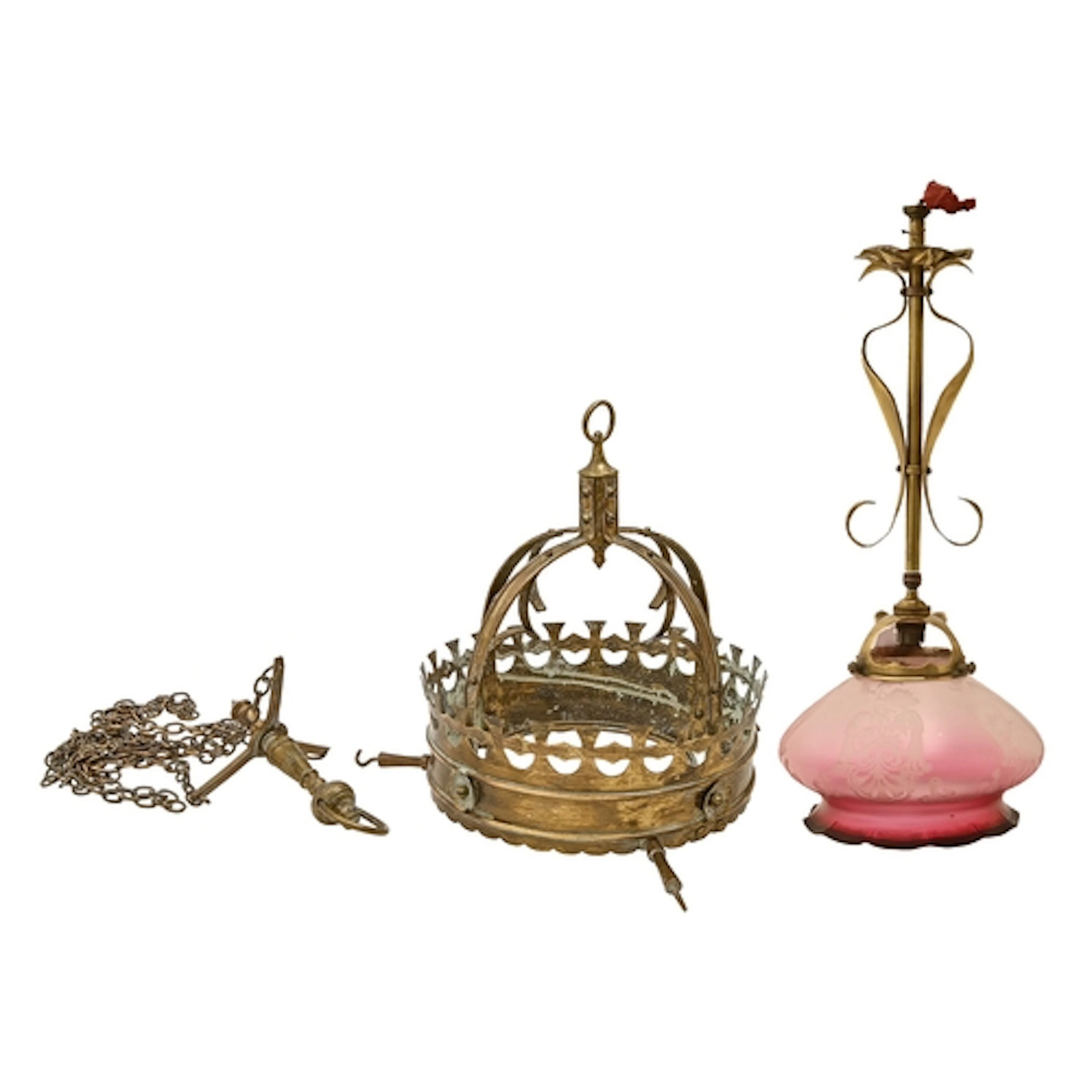 An Edwardian brass hanging light, with etched cranberry glas...