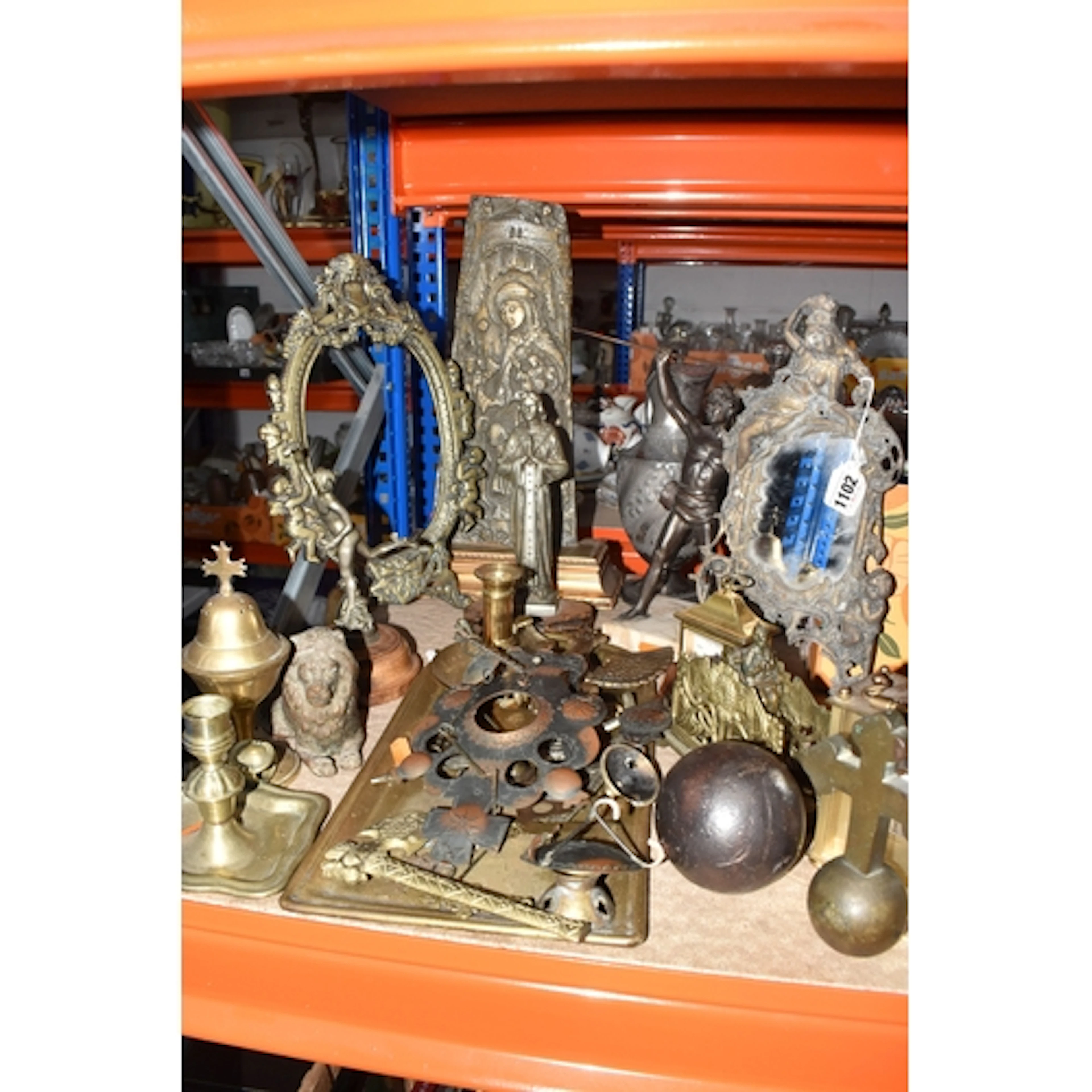 A GROUP OF METALWARE, to include a bronzed figure of a man w...