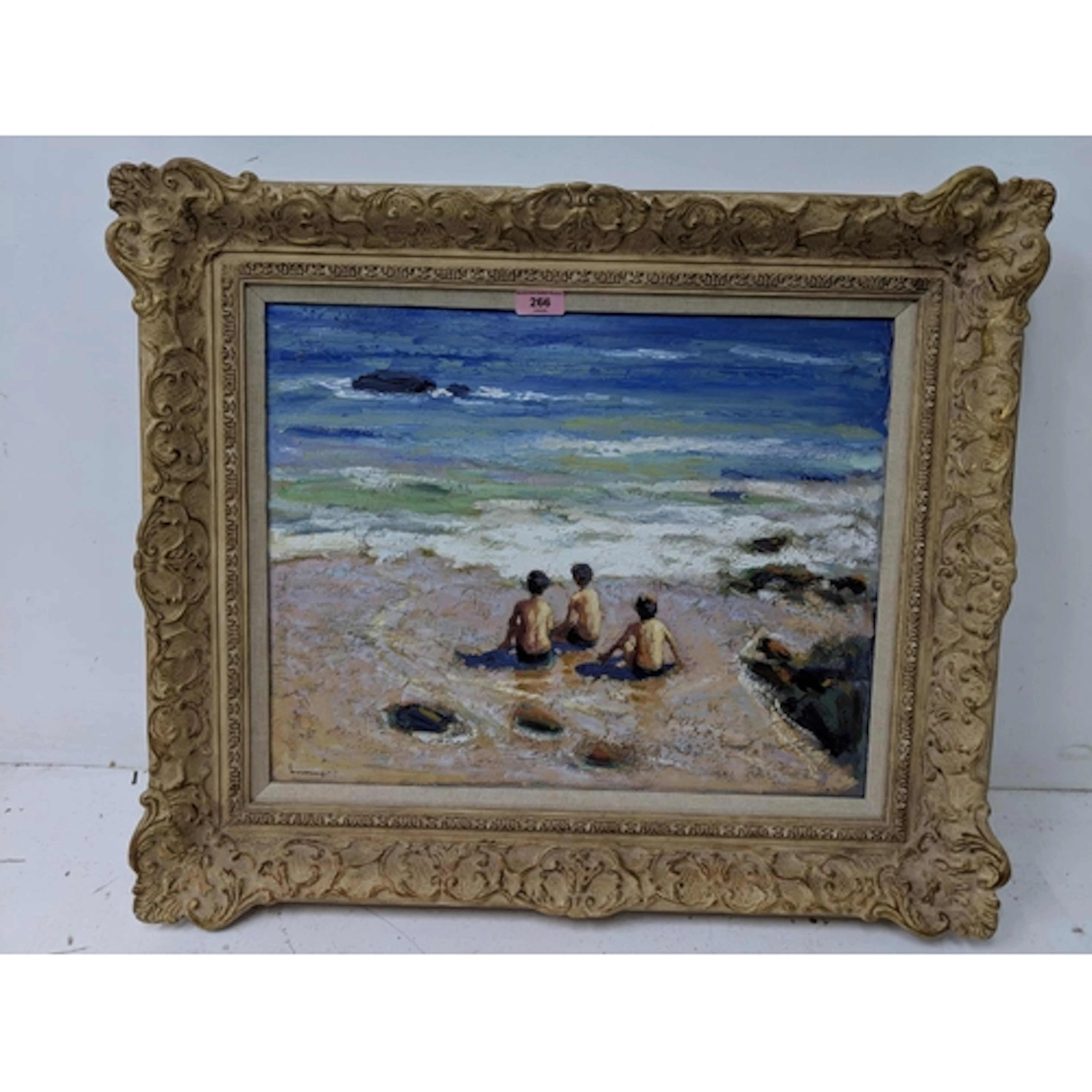 Mahoney - three boys on a beach, oil on board 40cm x 50cm, s...