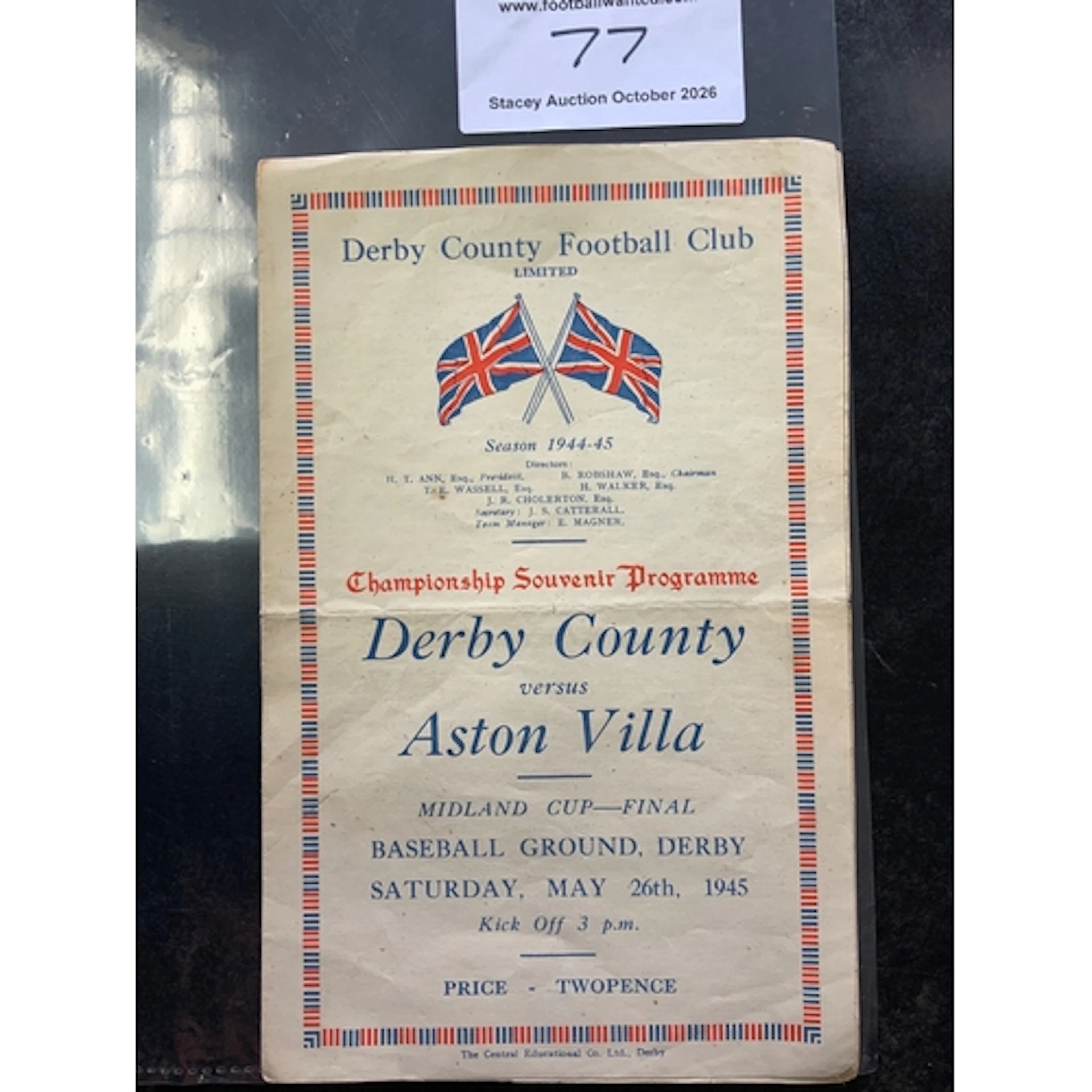 1945 Derby v Aston Villa Midland Cup Final Football Programm...