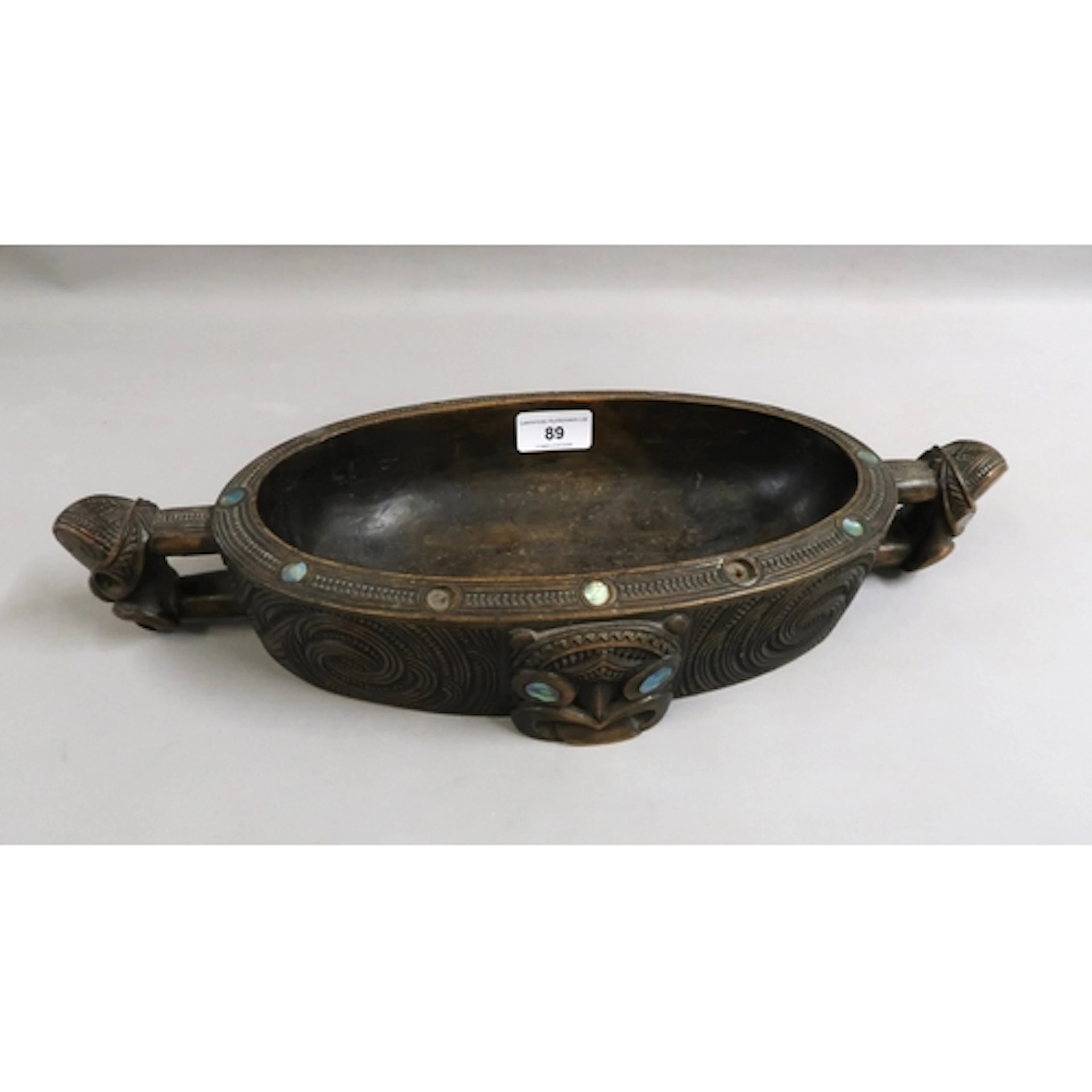 20th Century Mauri carved two handled oval bowl, with abalon...