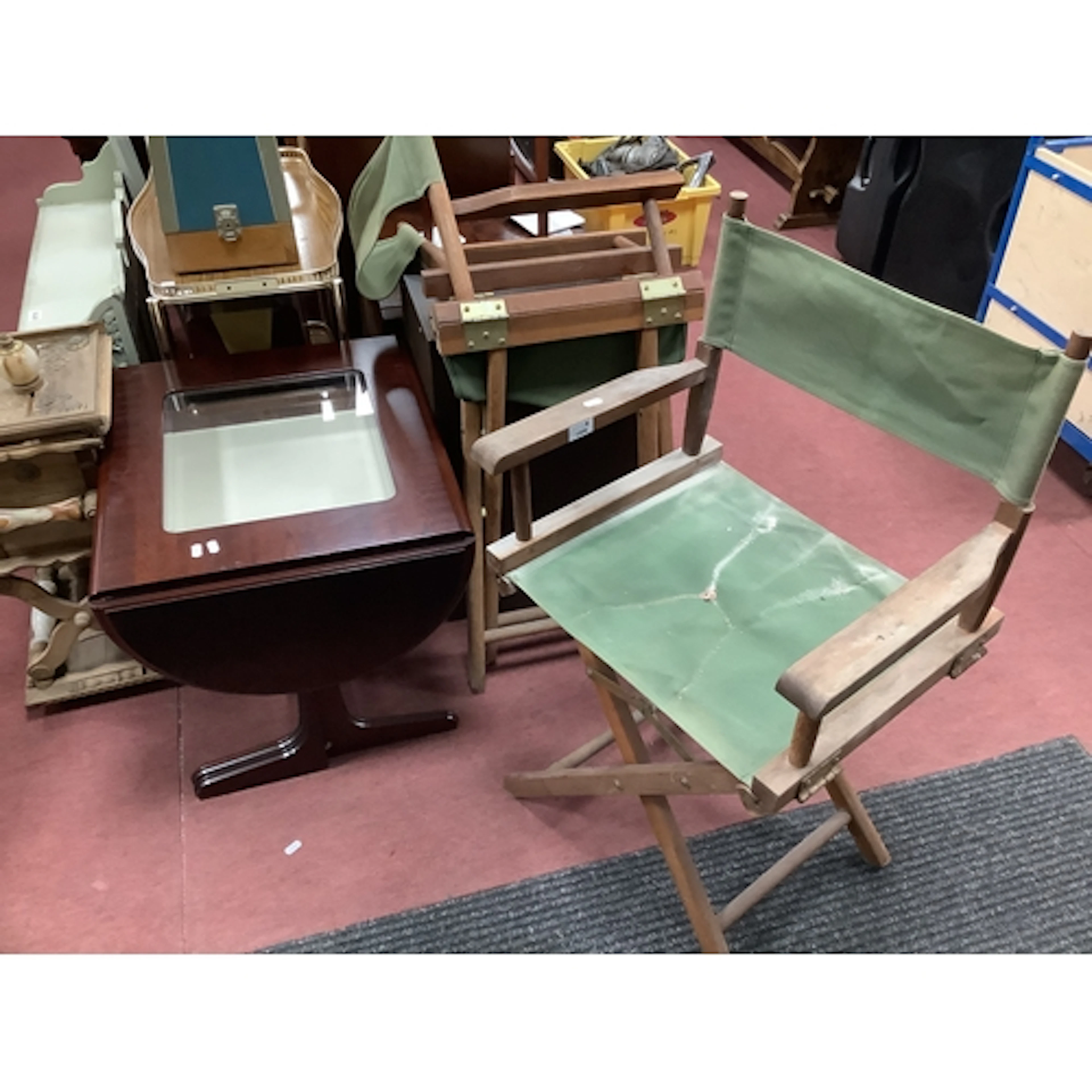 Folding Directors Chairs (x 2), sofa table with fall ends an...