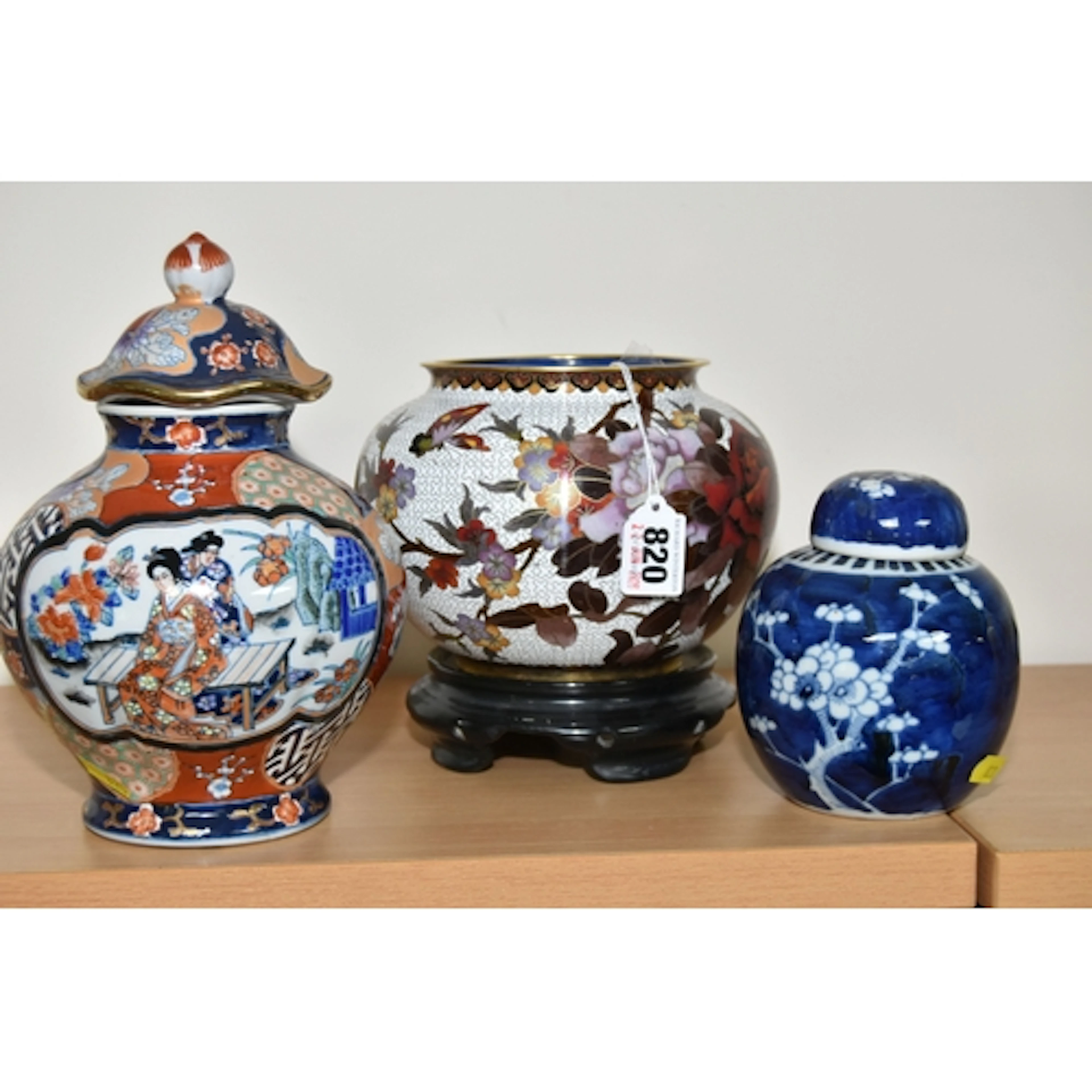 A CLOISONNE VASE AND ORIENTAL CERAMICS, the bulbous cloisonn...