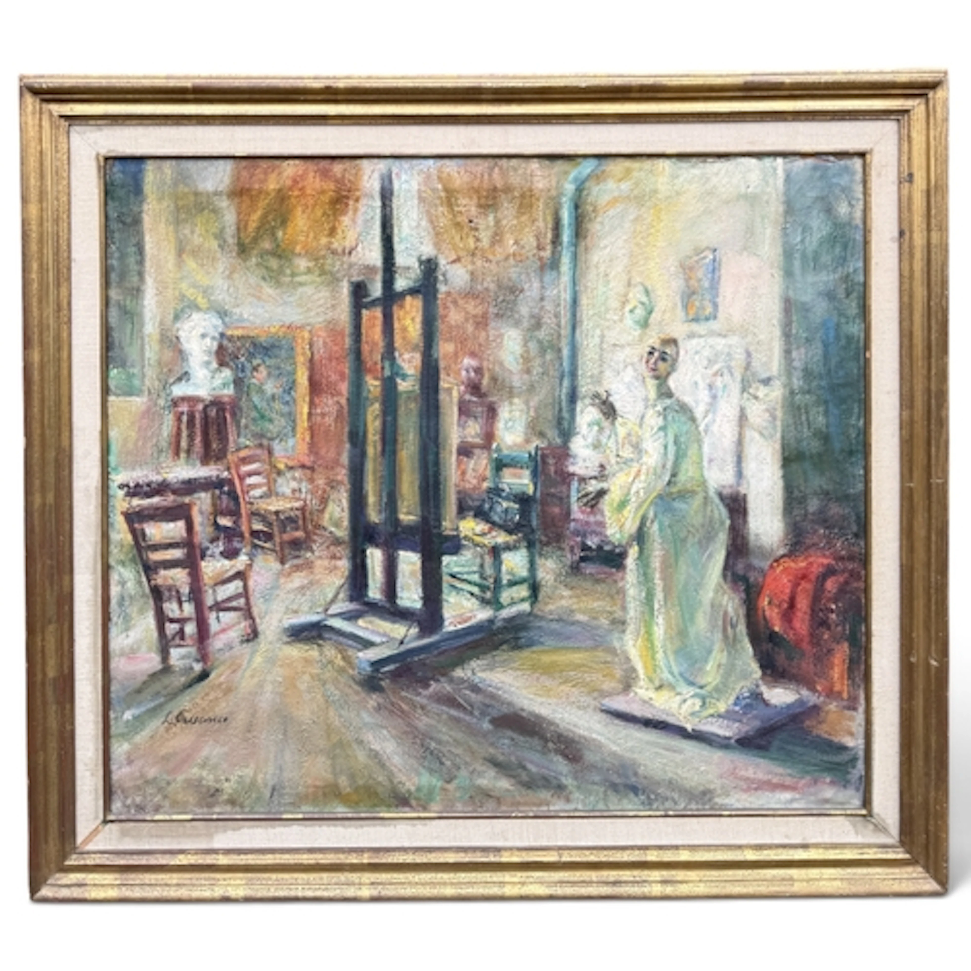 20TH CENTURY SCHOOL: PAINTER IN HER STUDIO Signed indistinct...