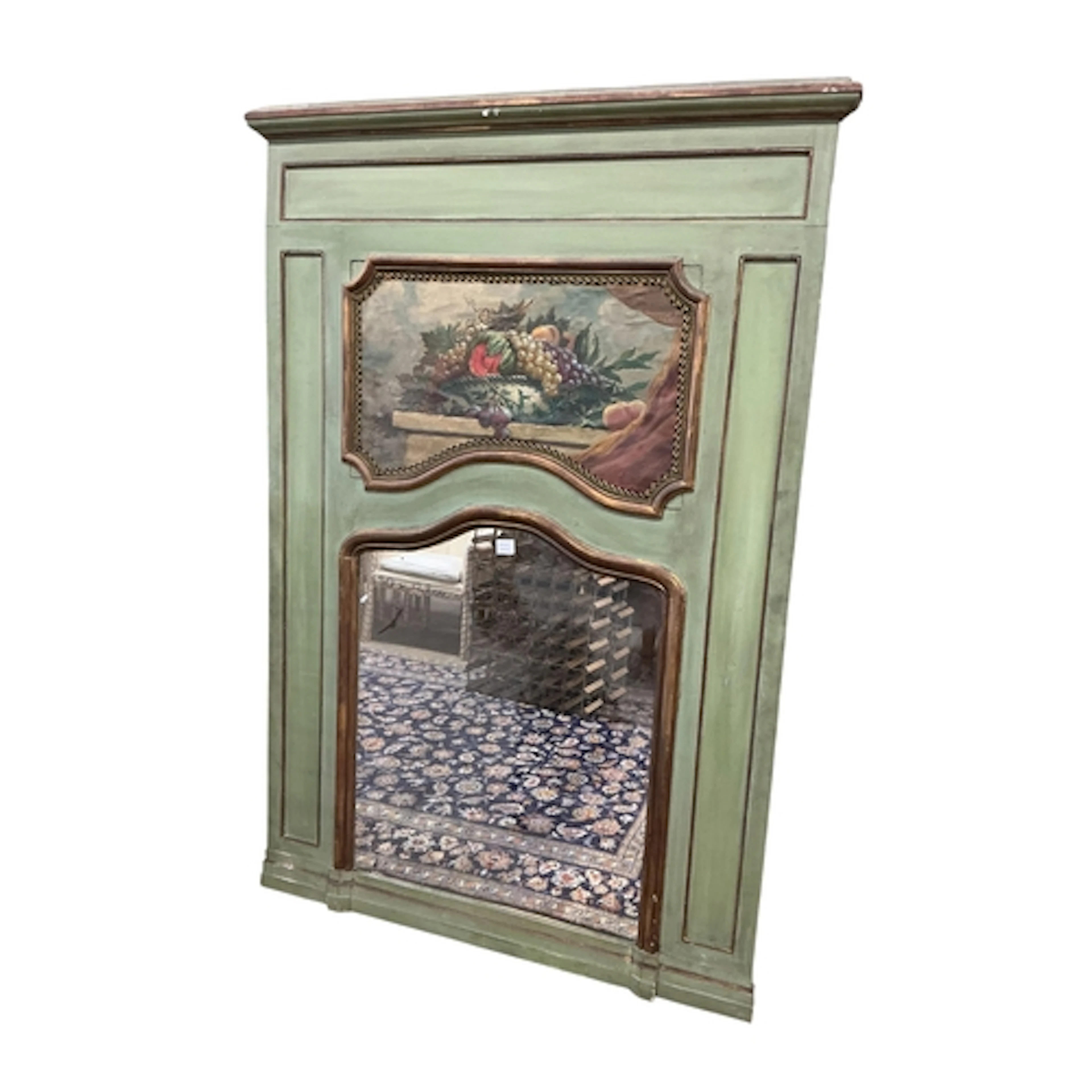 An early 20th century rectangular green and gilt painted tru...