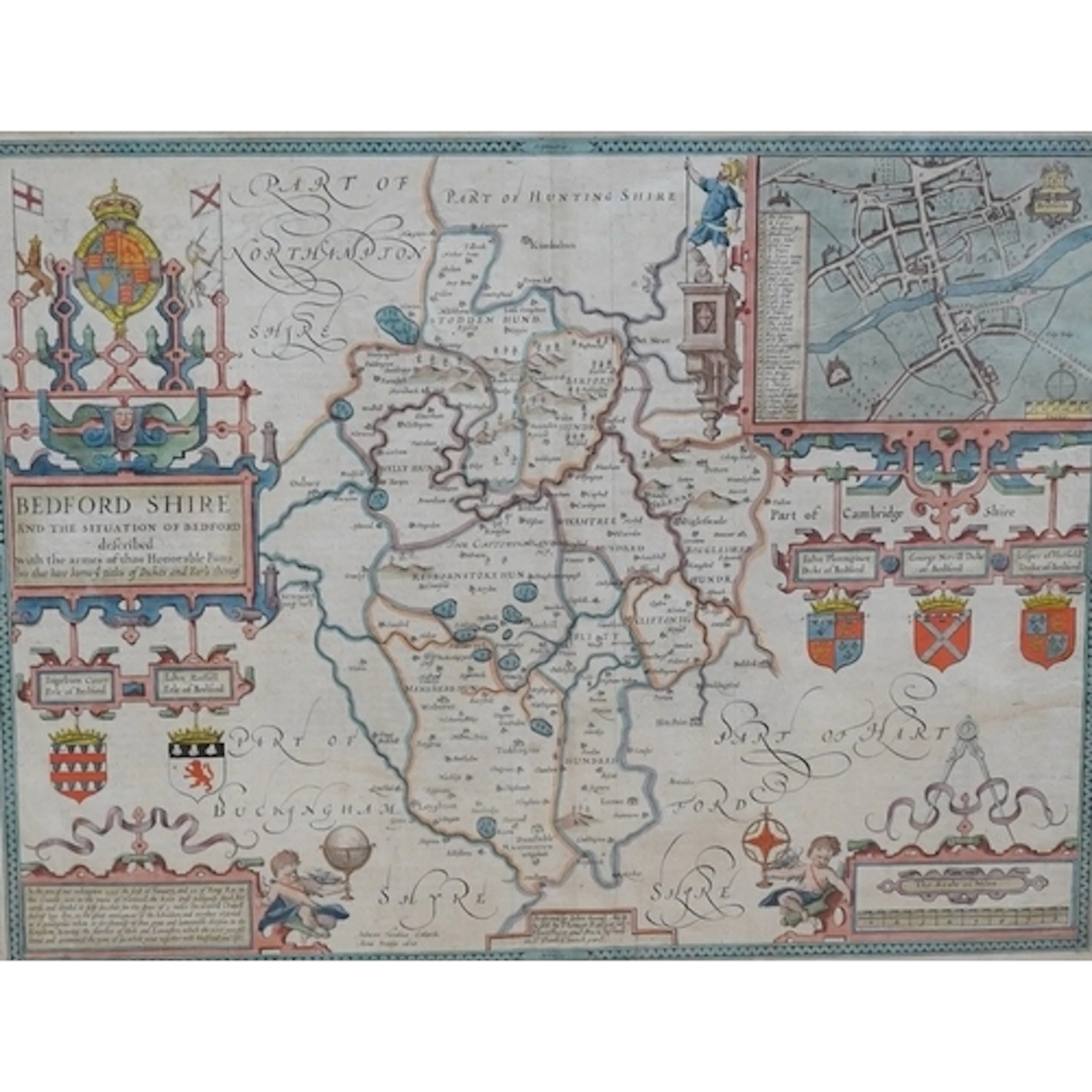 John Speed (1552-1629), a hand coloured engraved map of Bedf...