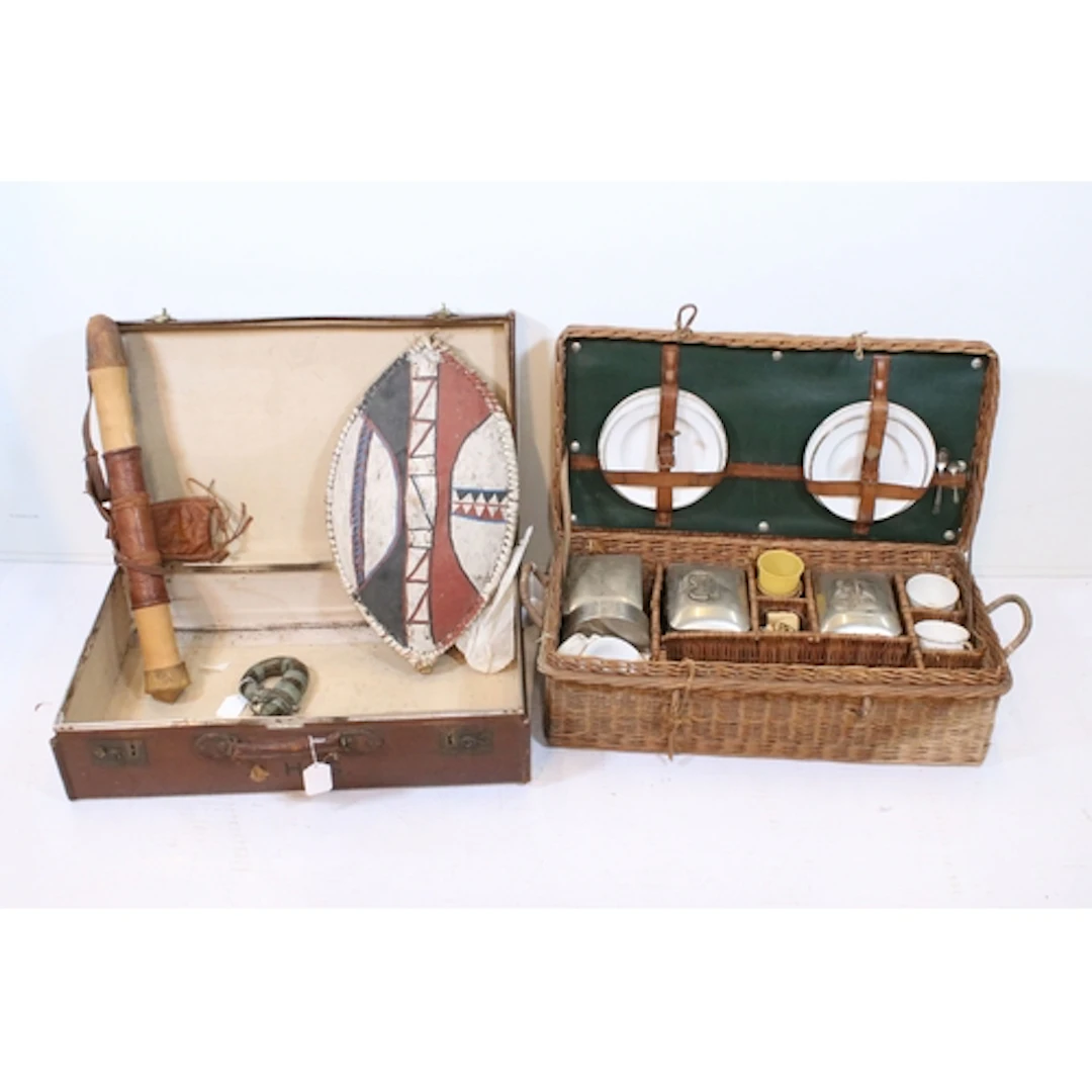 Mid 20th century wicker picnic hamper, having fitted interio...