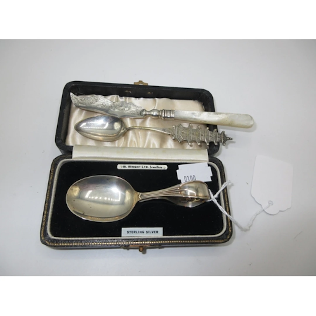 Cased Silver Baby Spoon, Silver and Mother of Pearl Handle B...