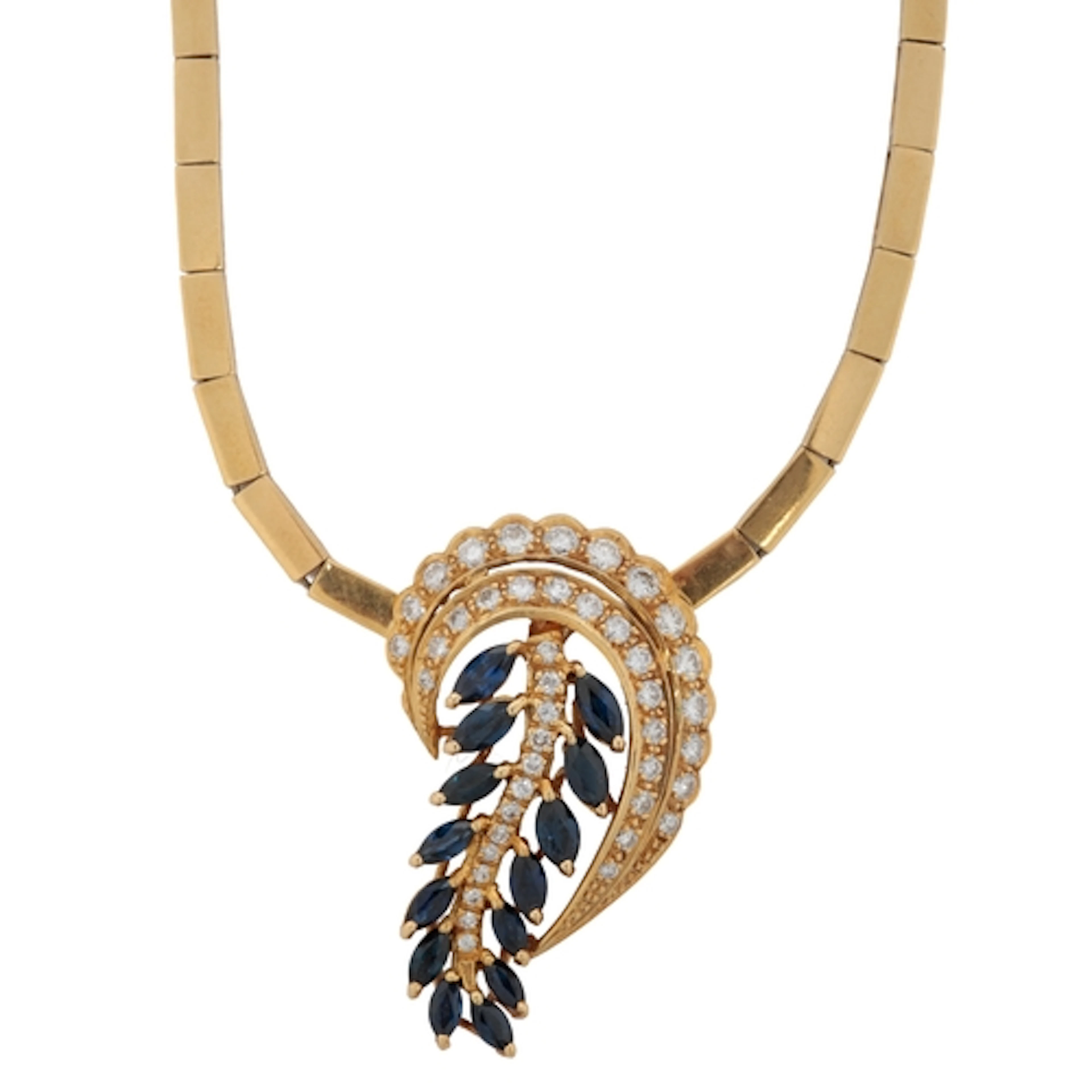 An 18ct gold, sapphire and diamond necklace, centring on a f...