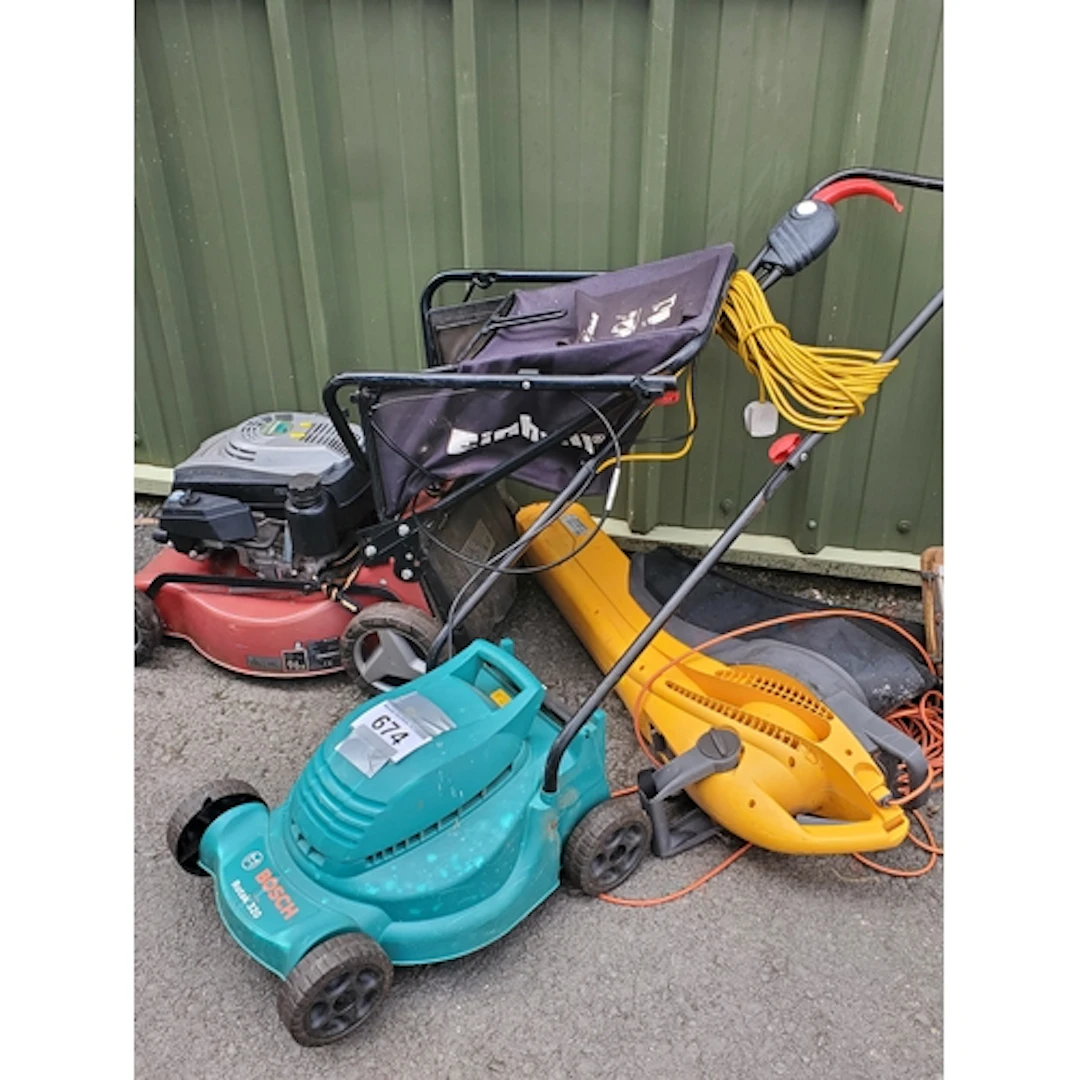 An Einhell petrol Lawn Mower, a Bosch electric Lawn Mower an...
