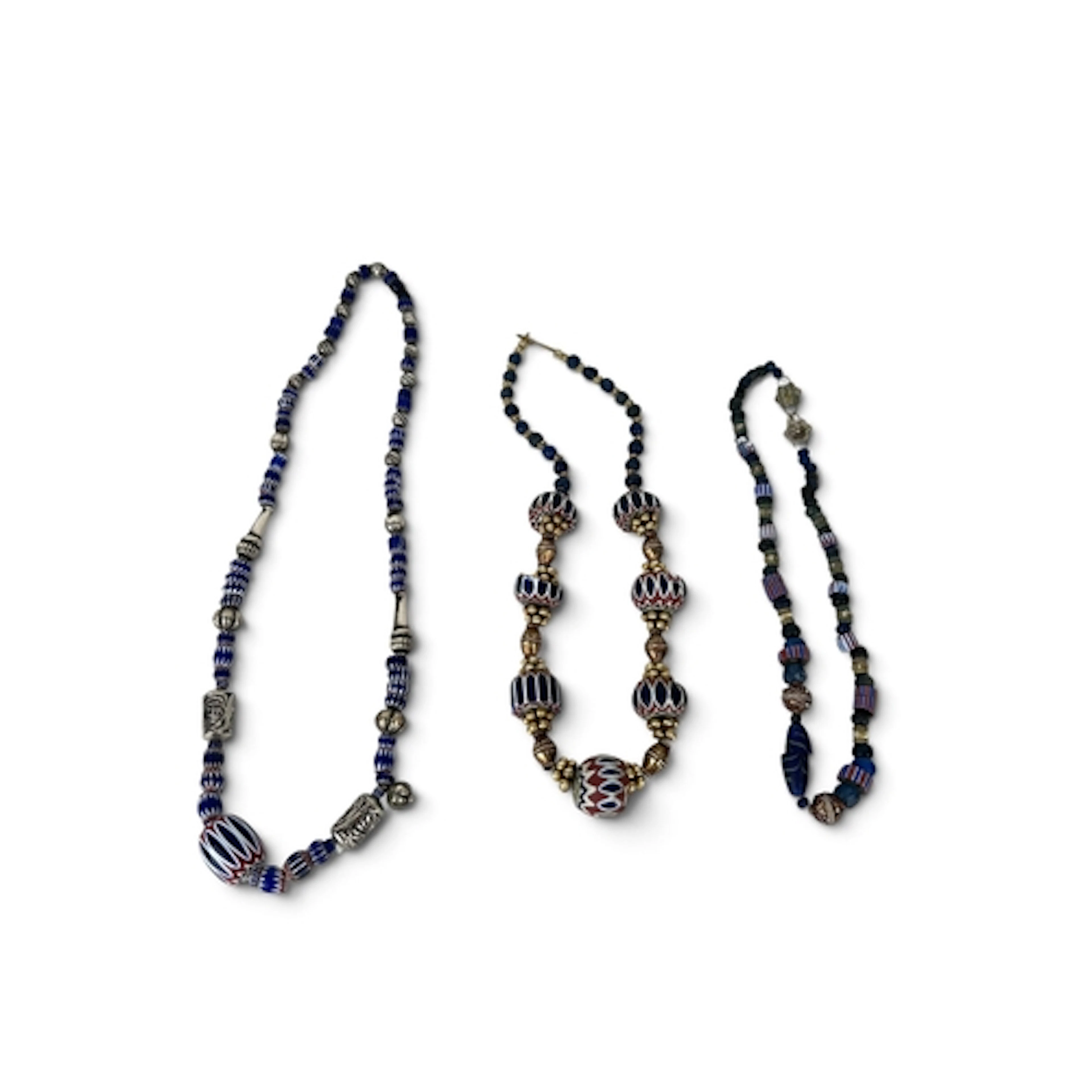THREE VENETIAN CHEVRON BEADED NECKLACES Longest 30cm...