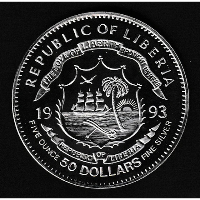1993 Liberia, President Clinton commemorative silver $50 coi...
