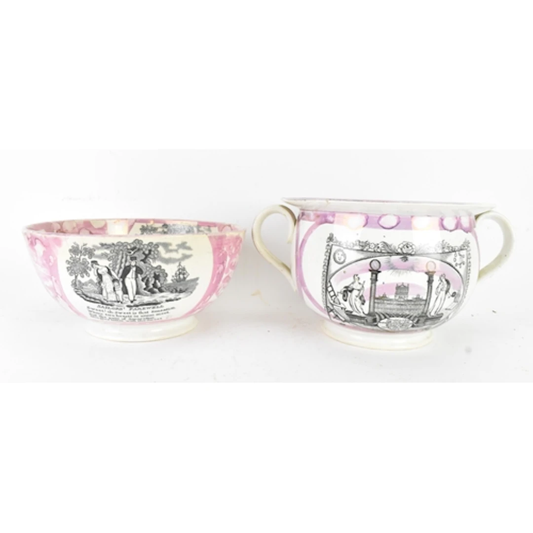 Two 19th century Masonic Sunderland pink lustreware bowls, e...
