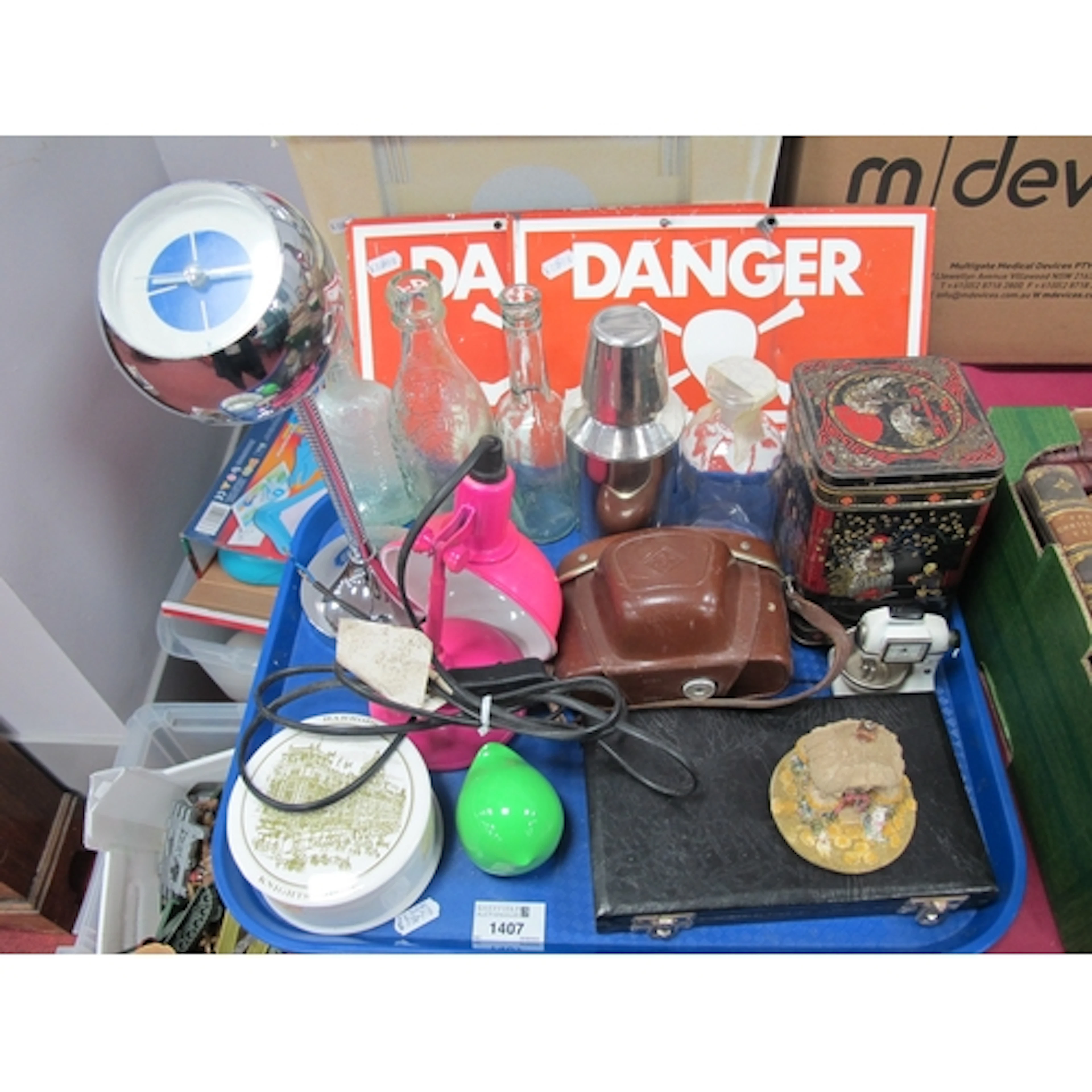 Habitat Lamp, novelty clocks, camera, scales, bottles, etc:-...