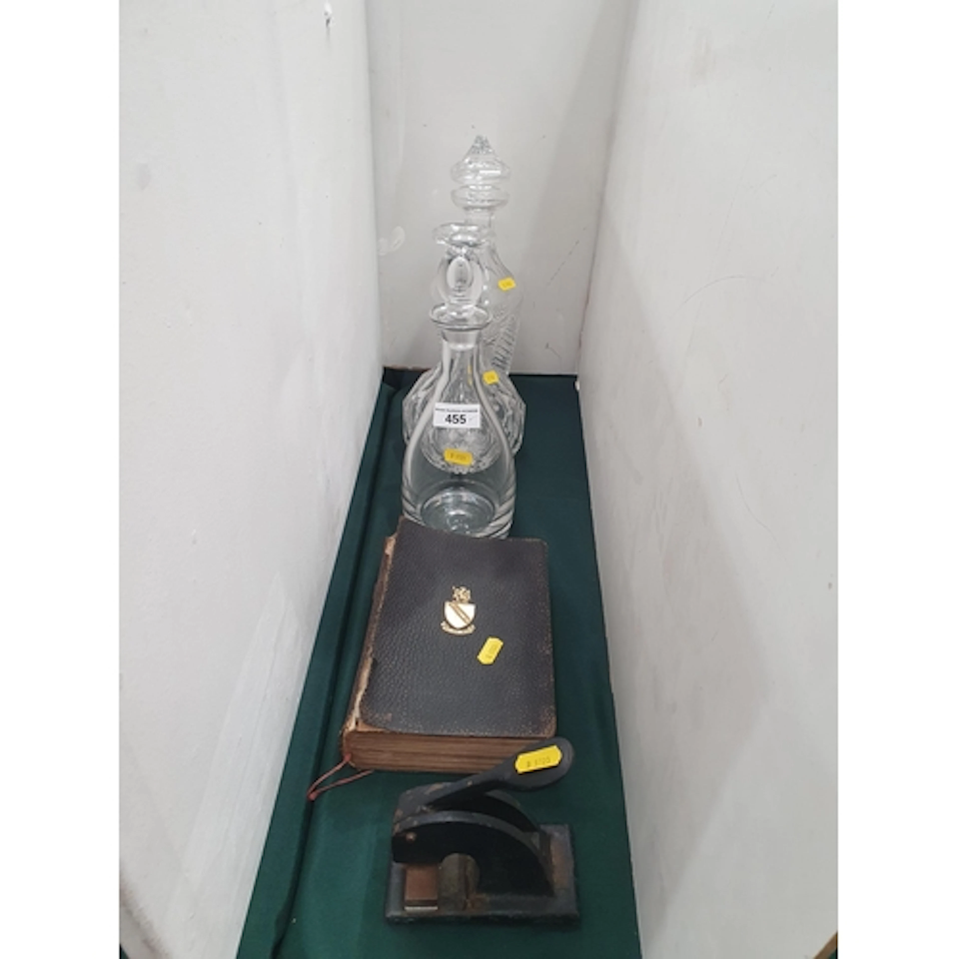 Three glass Decanters, a cast iron Stamp, and one Vol 'The C...