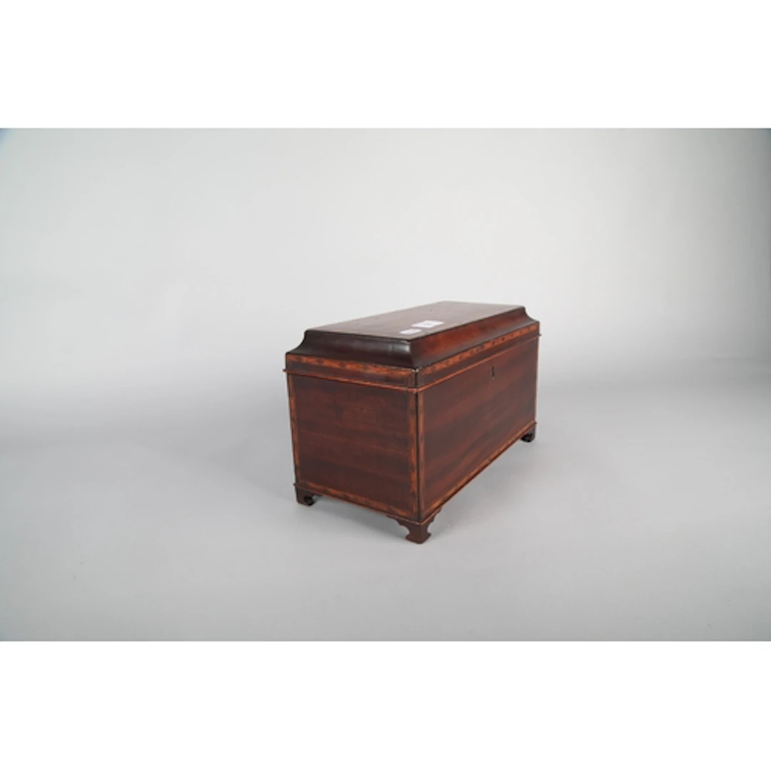 19th century inlaid mahogany tea caddy, 31cm long.