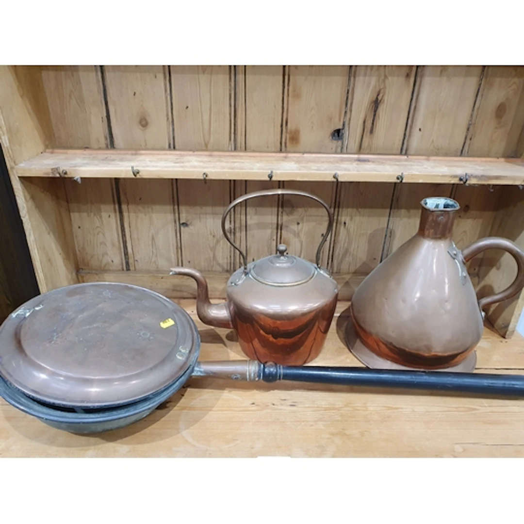 An antique copper Kettle, a Warming Pan and a large Measure ...