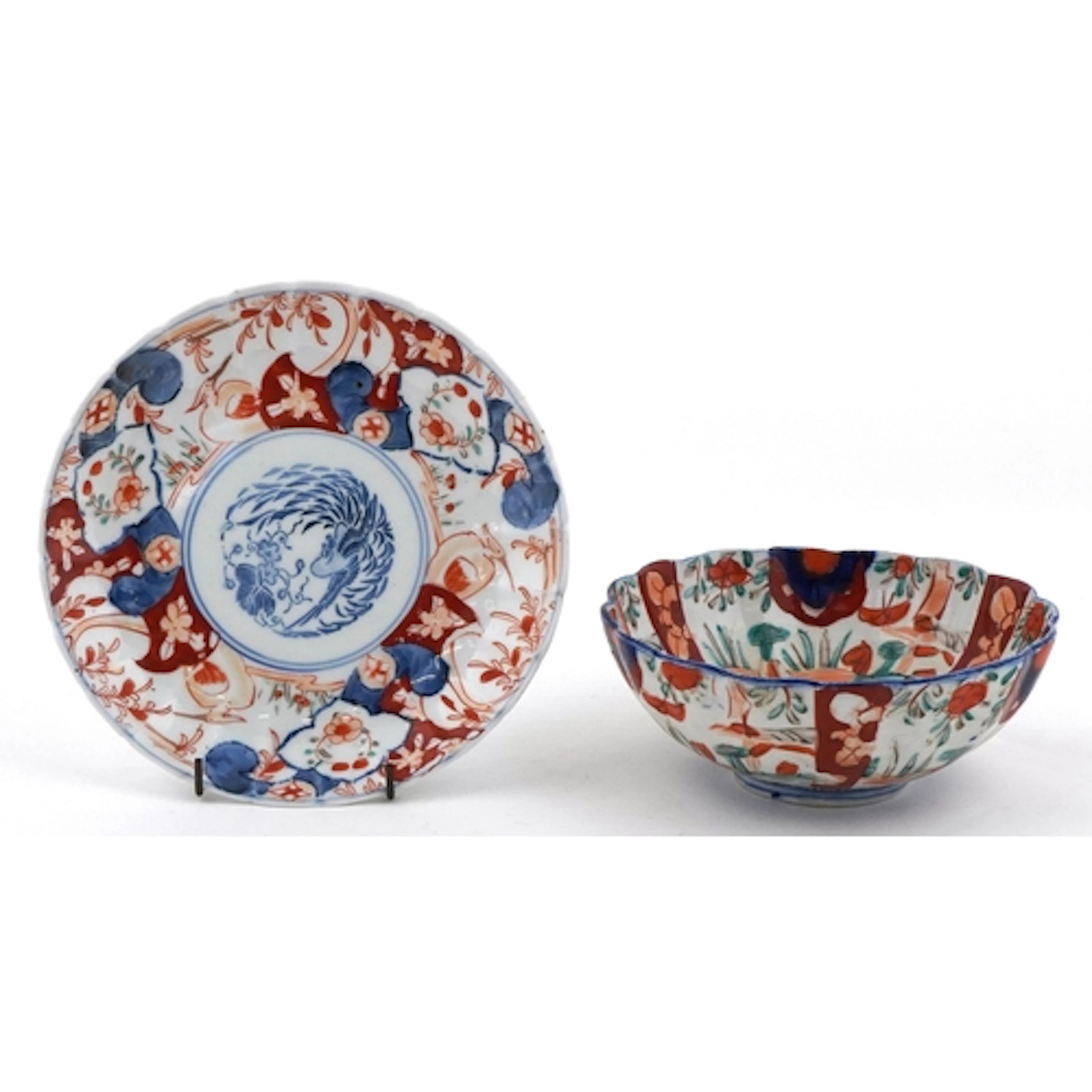 Imari porcelain bowl and plate, each hand painted, the large...