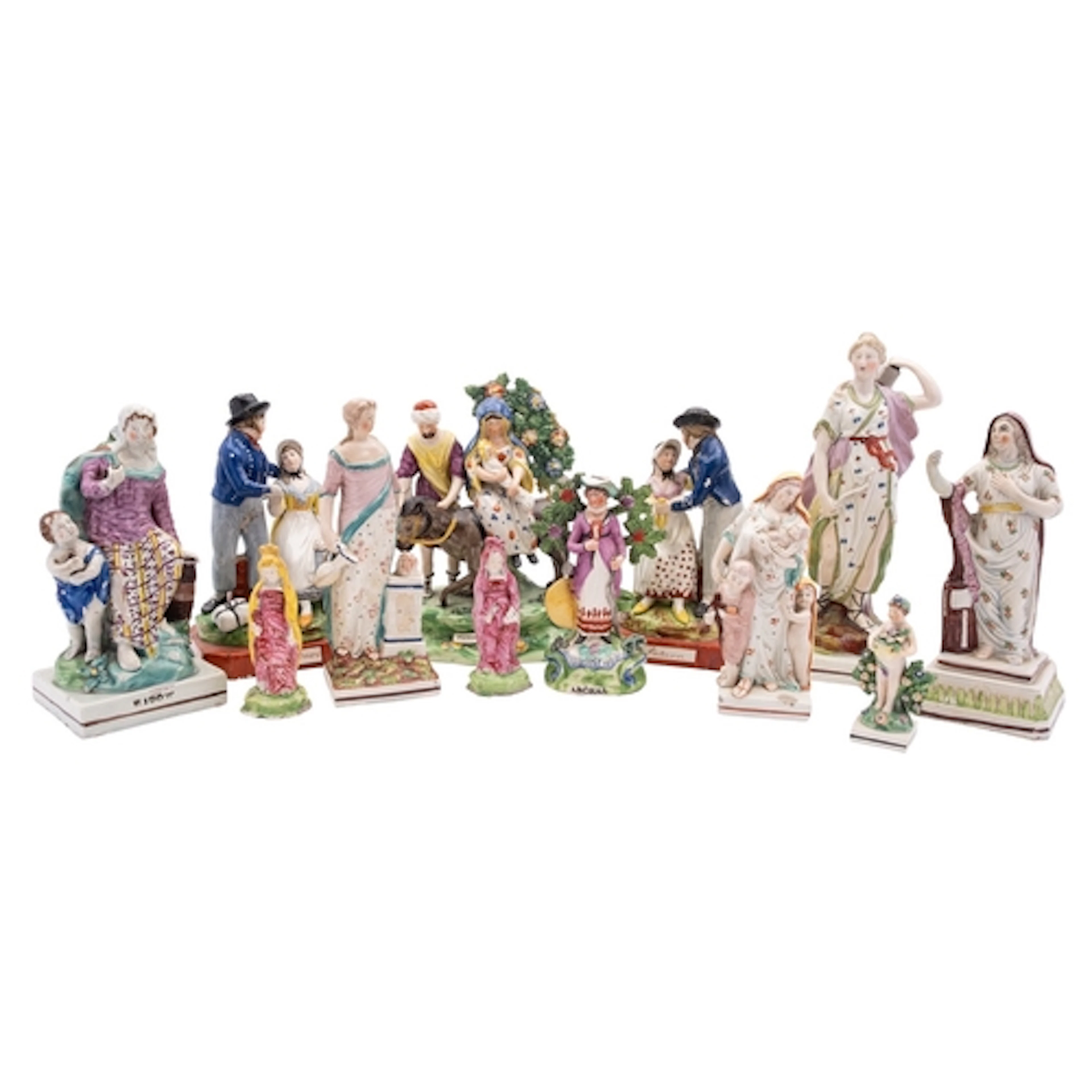 Twelve pearlware figures, including Departure, Return, Fligh...