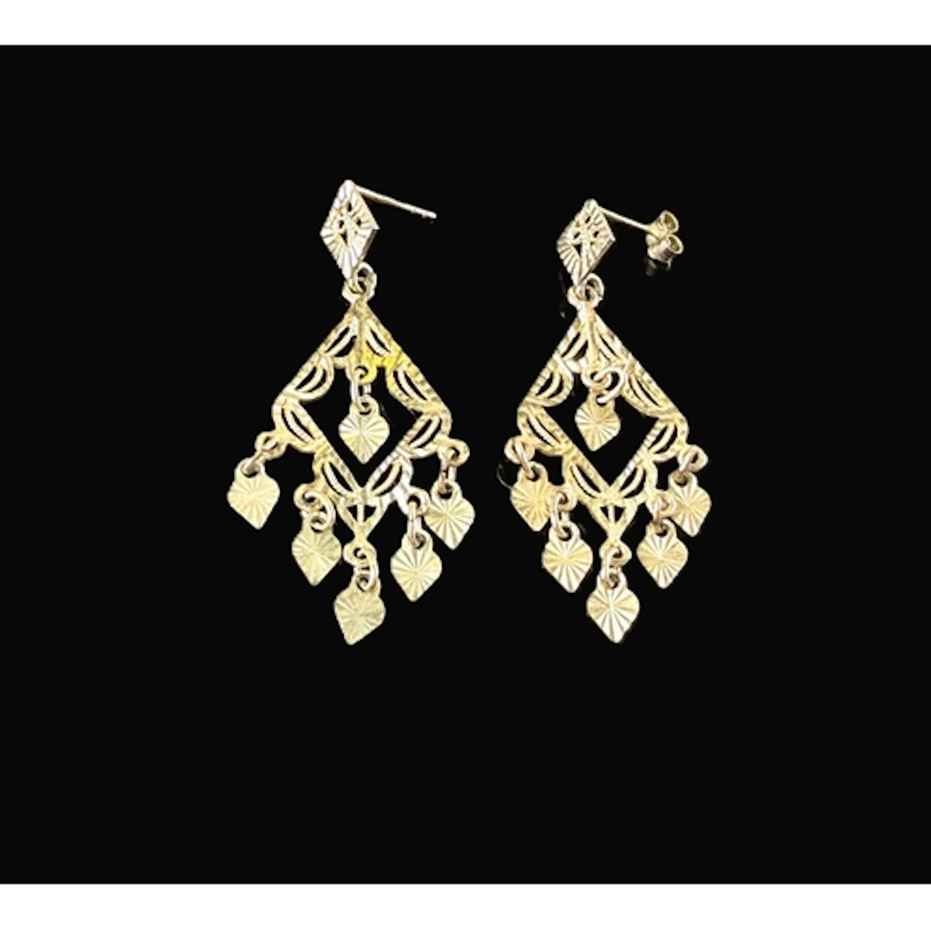 A pair of 9ct gold earrings, filigree diamond shaped chandel...