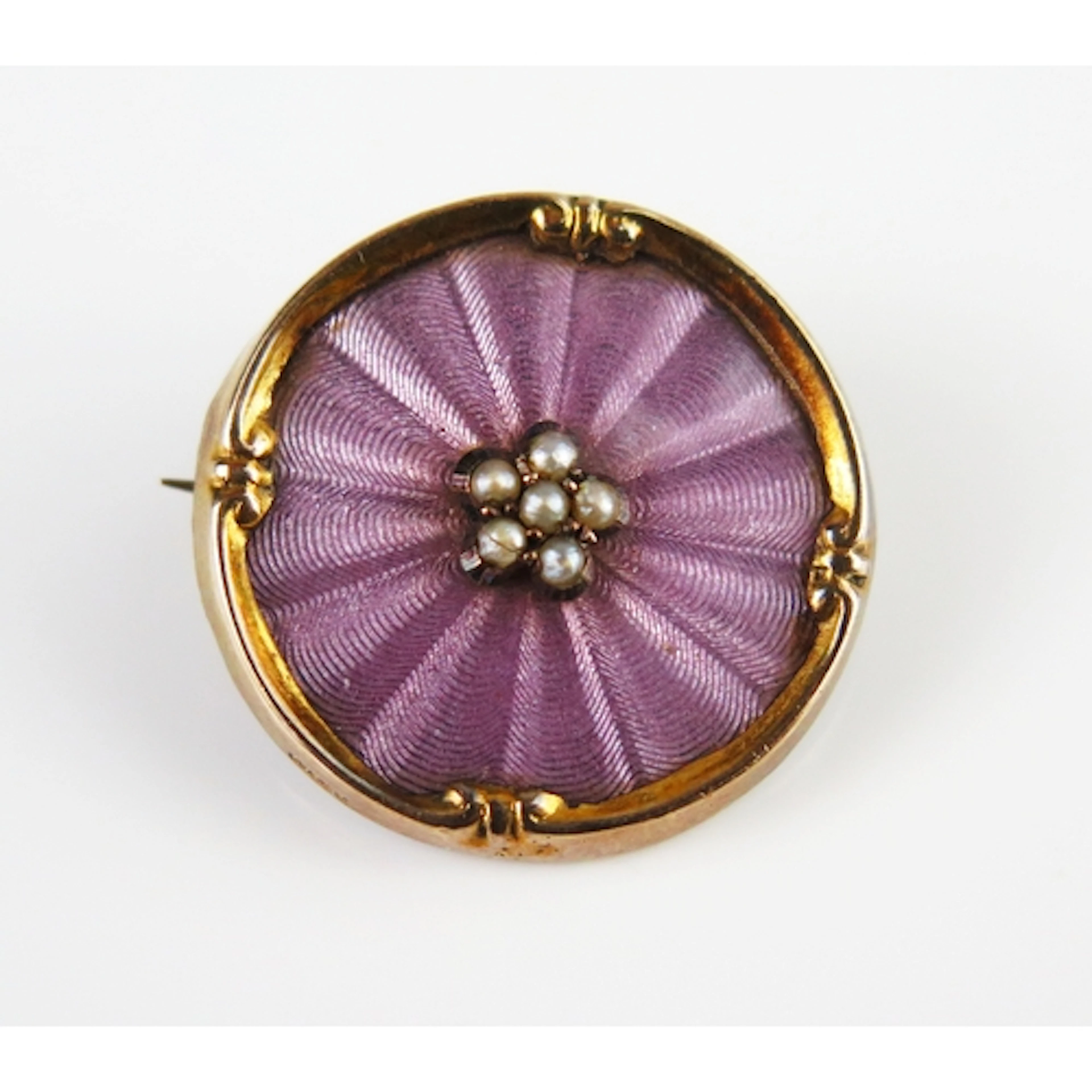 An antique guilloche enamel and seed pearl shield brooch in...